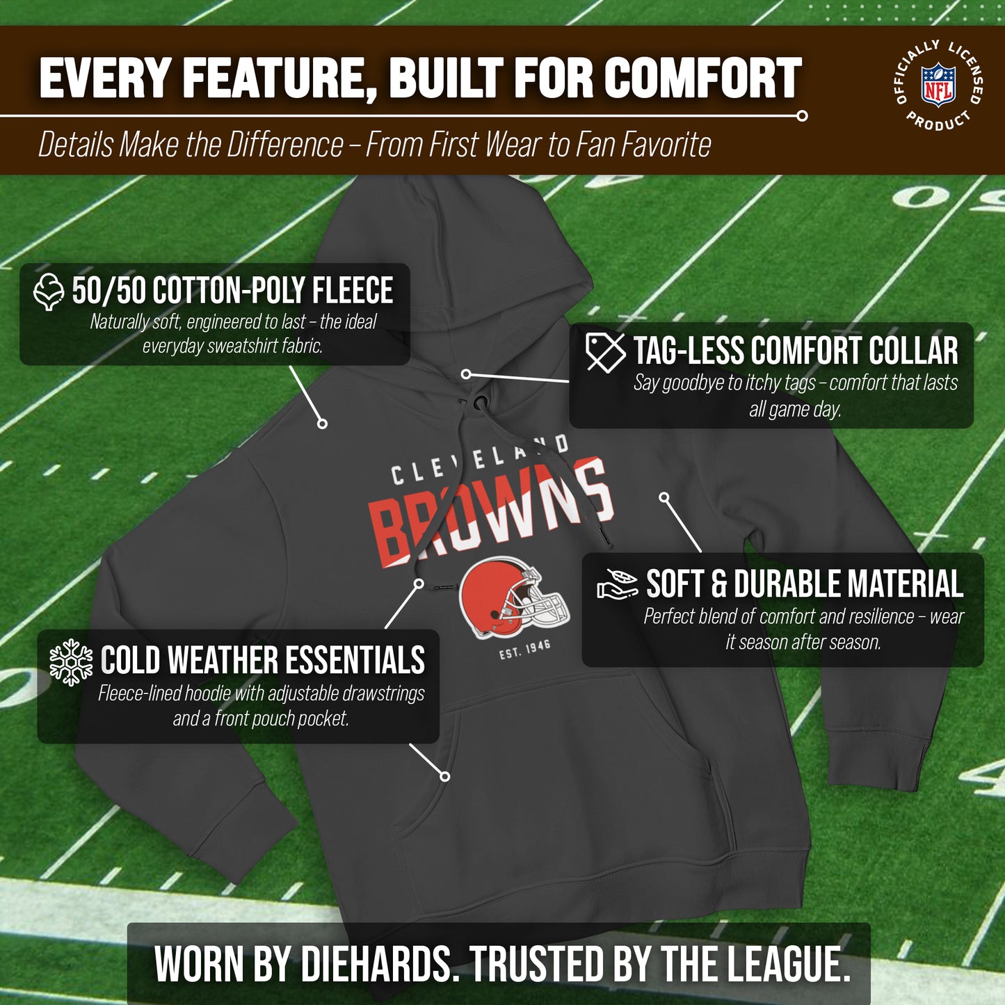Cleveland Browns Adult NFL Diagonal Fade Fleece Hooded Sweatshirt - Charcoal