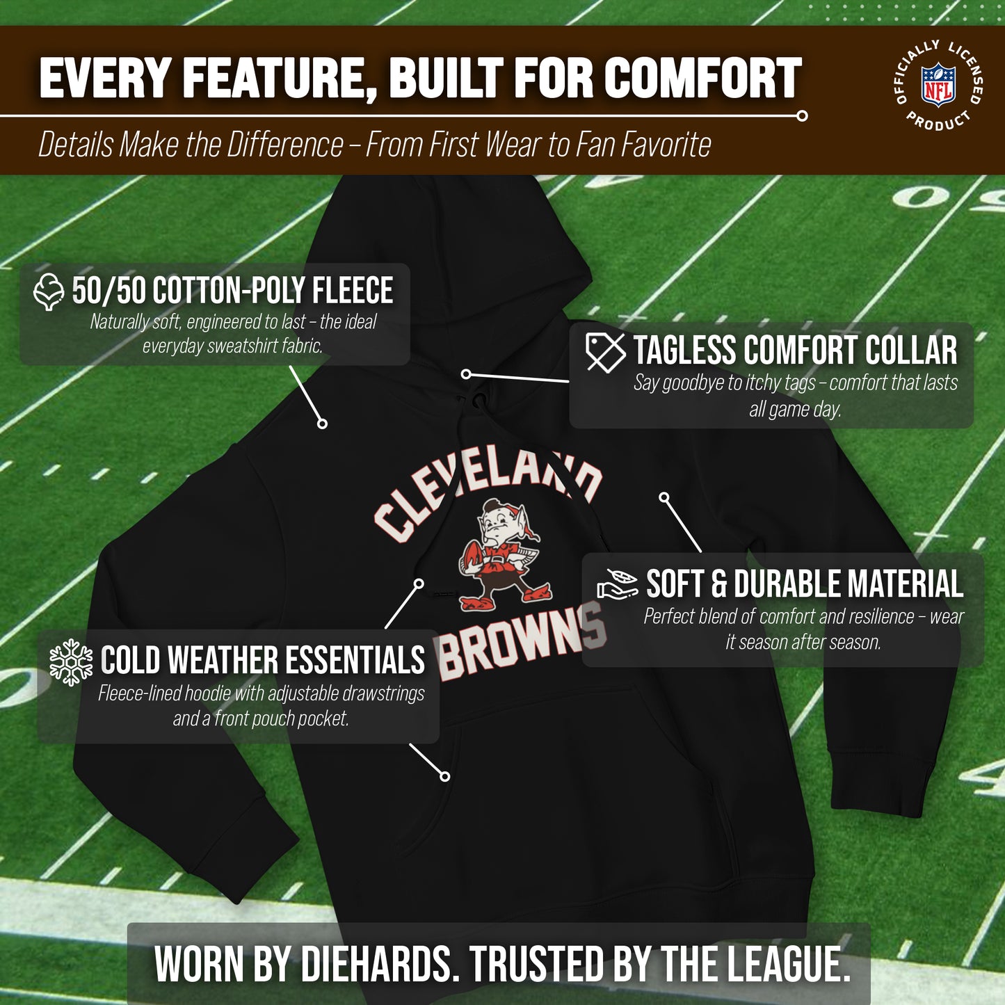 Cleveland Browns NFL Adult Unisex Retro Gameday Ultra Soft Fleece Hooded Sweatshirt - Black