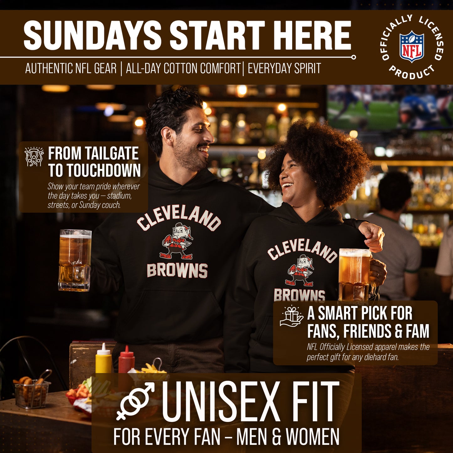 Cleveland Browns NFL Adult Unisex Retro Gameday Ultra Soft Fleece Hooded Sweatshirt - Black