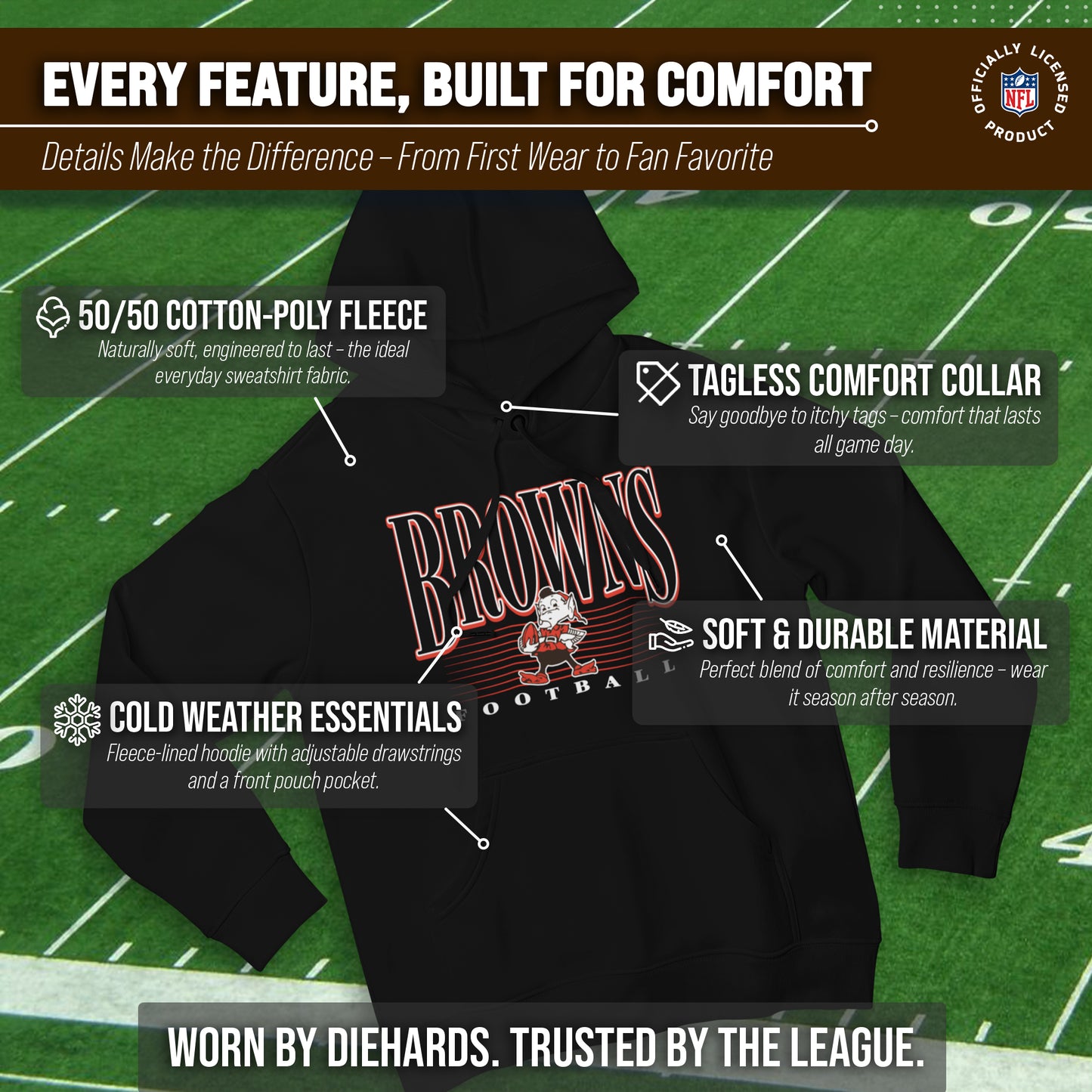 Cleveland Browns NFL Adult Unisex Overtime Blueprint Soft Fleece Hooded Sweatshirt - Black
