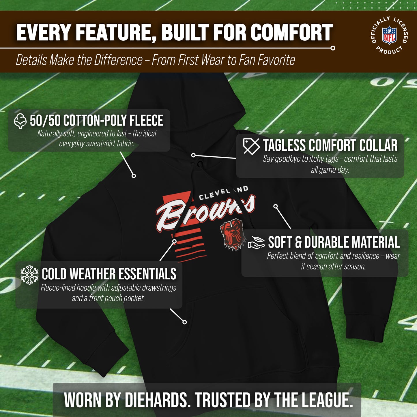 Cleveland Browns NFL Adult Unisex Retro Script Ultra Soft Fleece Hooded Sweatshirt - Black