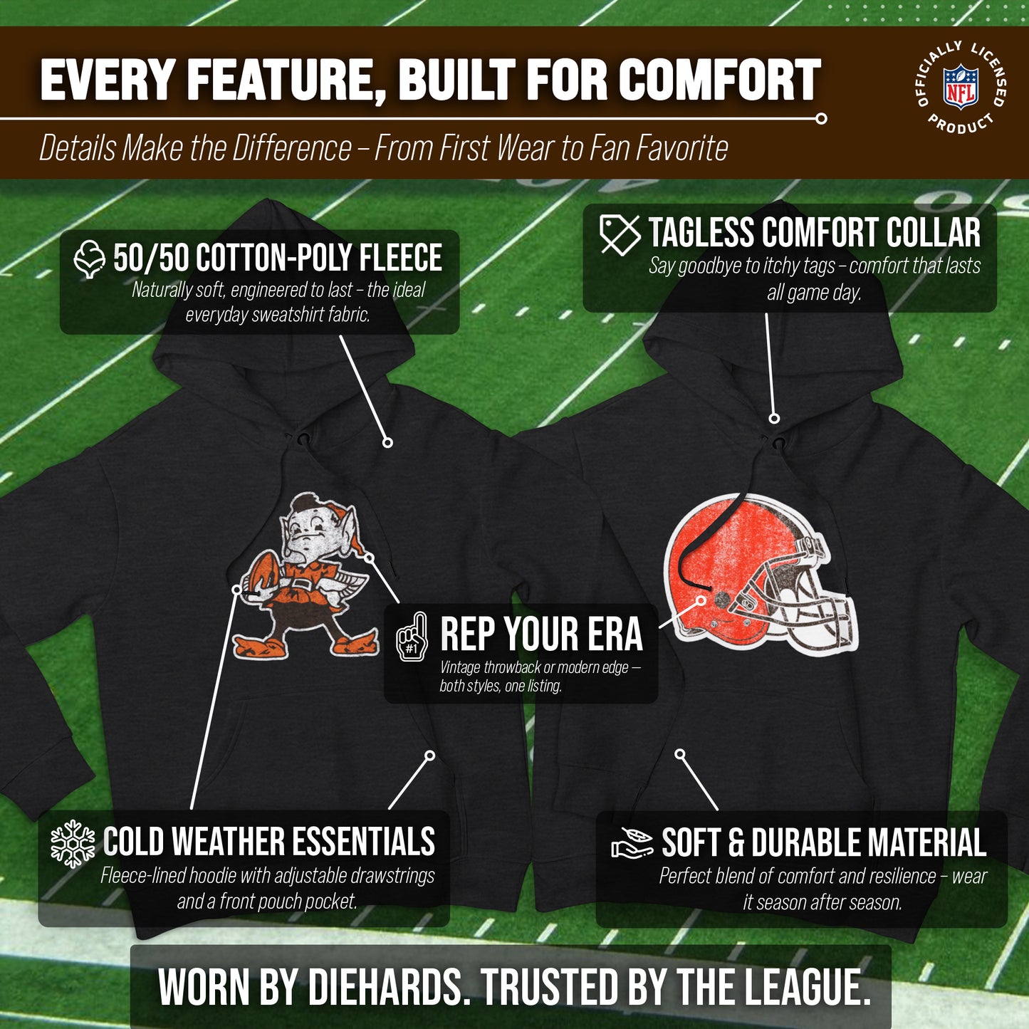 Cleveland Browns NFL Adult Unisex Modern Throwback Ultra Soft Fleece Hooded Sweatshirt - Black Heather