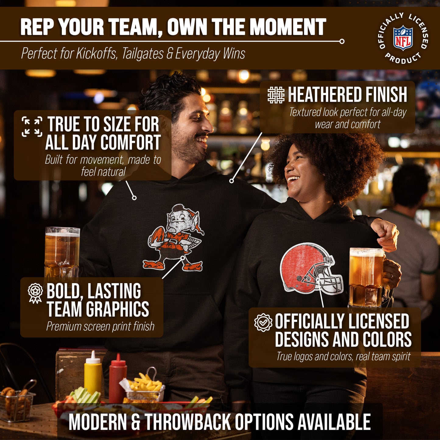 Cleveland Browns NFL Adult Unisex Modern Throwback Ultra Soft Fleece Hooded Sweatshirt - Black Heather