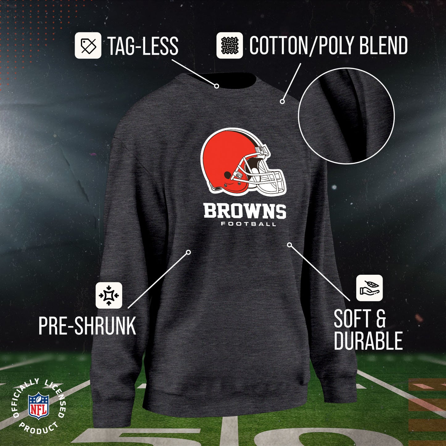 Cleveland Browns Women's NFL Ultimate Fan Logo Slouchy Crewneck -Tagless Fleece Lightweight Pullover - Charcoal