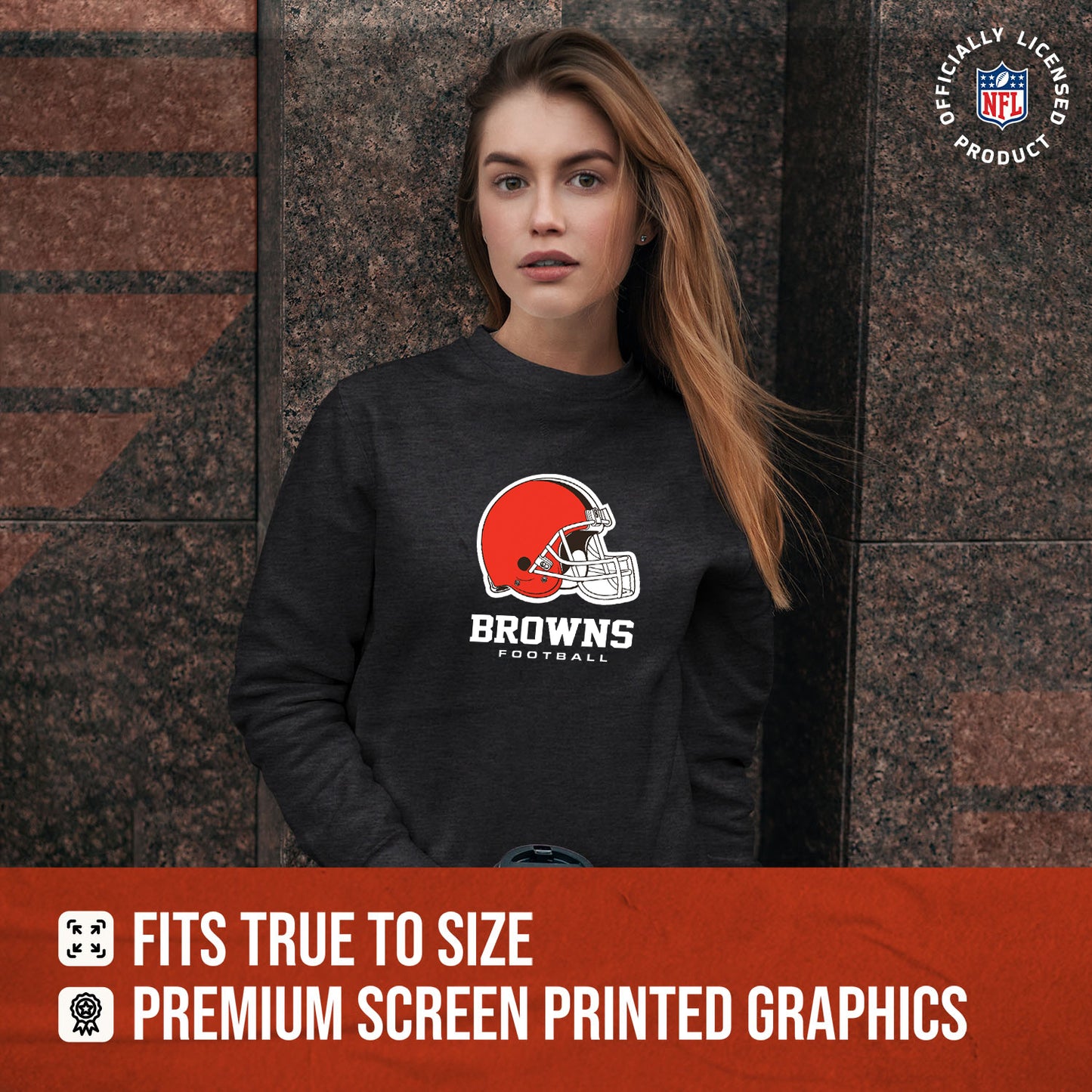 Cleveland Browns Women's NFL Ultimate Fan Logo Slouchy Crewneck -Tagless Fleece Lightweight Pullover - Charcoal