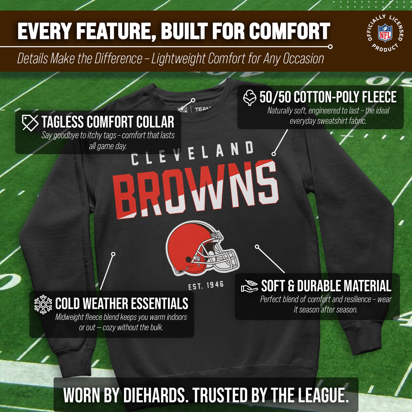 Cleveland Browns Adult NFL Diagonal Fade Color Block Crewneck Sweatshirt - Charcoal