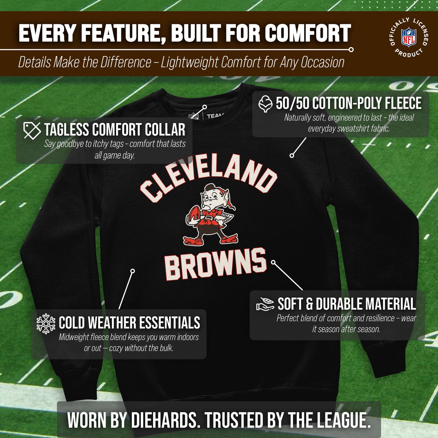 Cleveland Browns NFL Adult Unisex Retro Gameday Ultra Soft Fleece Crewneck Sweatshirt - Black