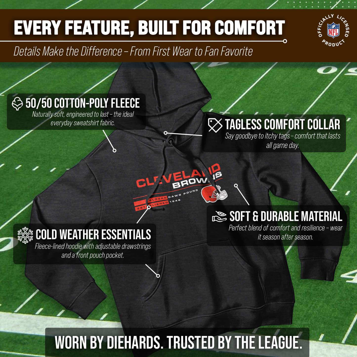 Cleveland Browns Adult NFL Speed Stat Sheet Fleece Hooded Sweatshirt - Charcoal