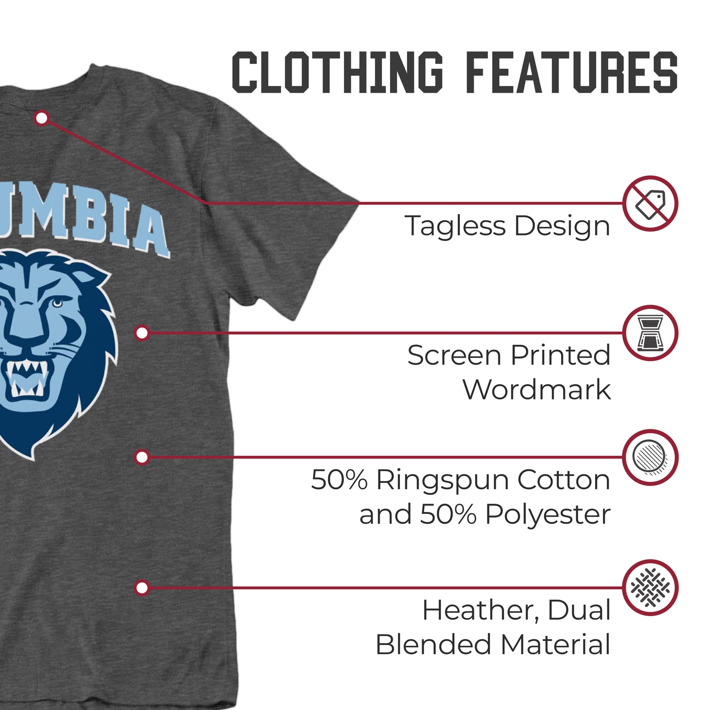 Columbia Lions Campus Colors NCAA Adult Cotton Blend Charcoal Tagless T-Shirt - Charcoal