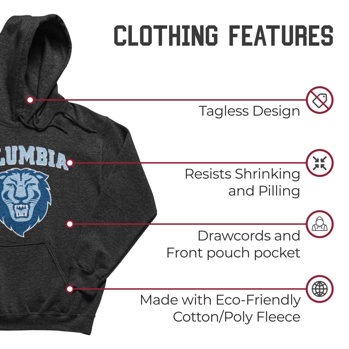 Columbia Lions NCAA Adult Cotton Blend Charcoal Hooded Sweatshirt - Charcoal