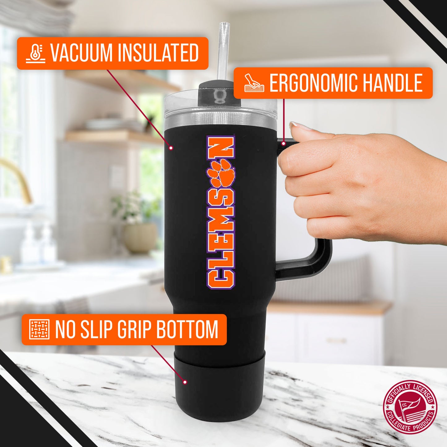 Clemson Tigers College & University 40 oz Travel Tumbler With Handle - Black