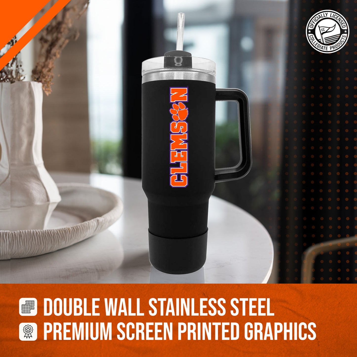 Clemson Tigers College & University 40 oz Travel Tumbler With Handle - Black