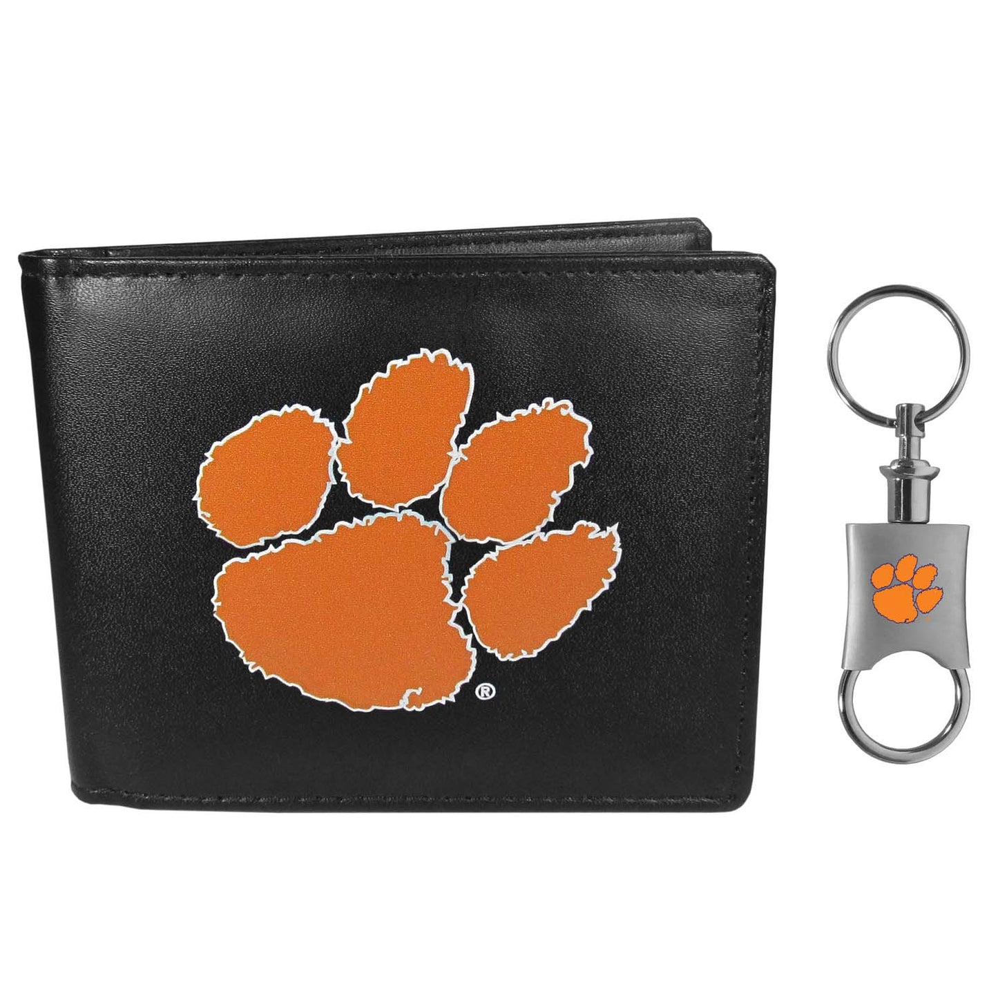 Clemson Tigers University Team Logo Mens Bi Fold Wallet and Unisex Valet Keychain Bundle - Black