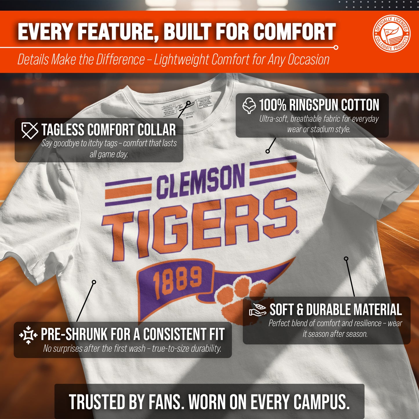 Clemson Tigers NCAA Adult Unisex Varsity Club Pennant T-Shirt Tag-Less - Off White