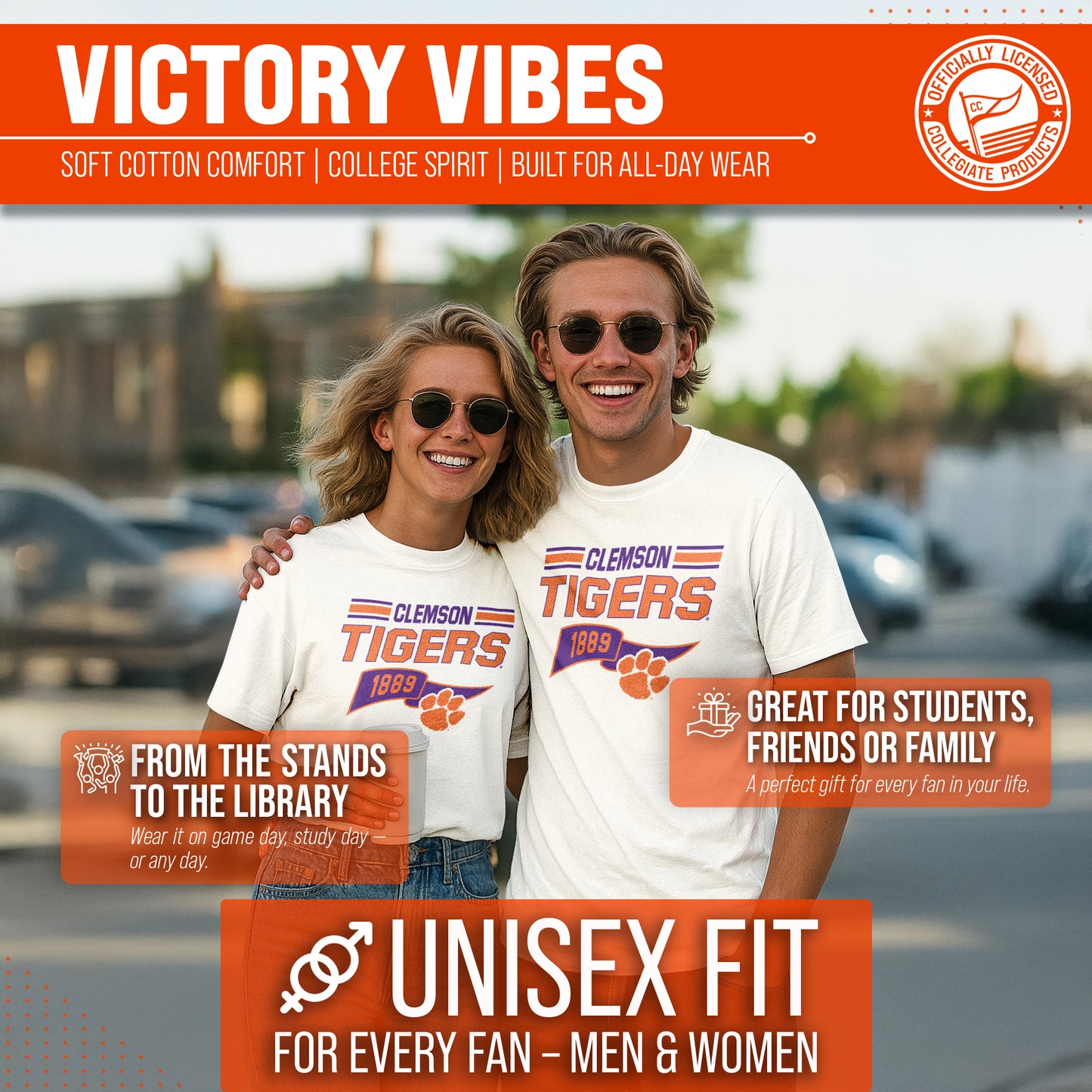 Clemson Tigers NCAA Adult Unisex Varsity Club Pennant T-Shirt Tag-Less - Off White