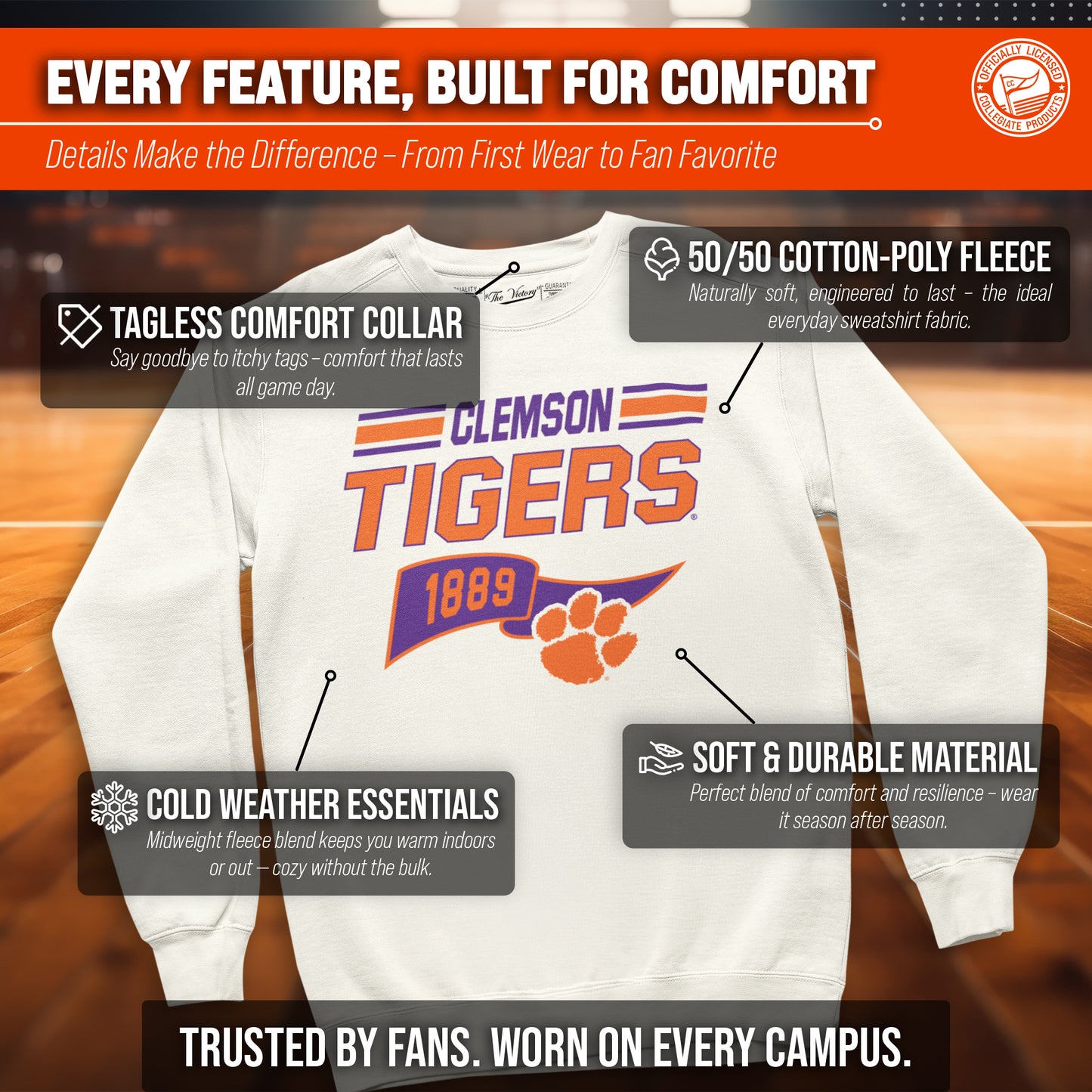 Clemson Tigers NCAA Adult Unisex Varsity Club Pennant Crewneck Fleece Sweatshirt - Off White