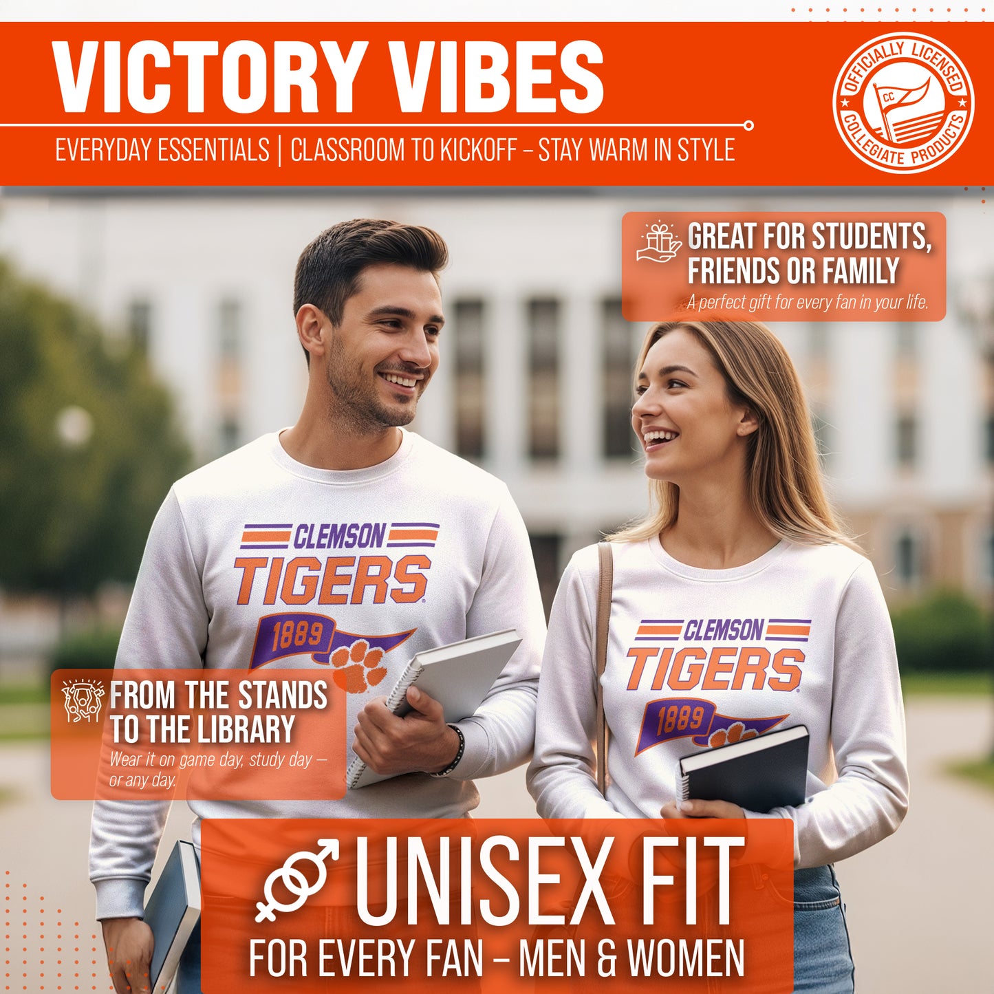 Clemson Tigers NCAA Adult Unisex Varsity Club Pennant Crewneck Fleece Sweatshirt - Off White