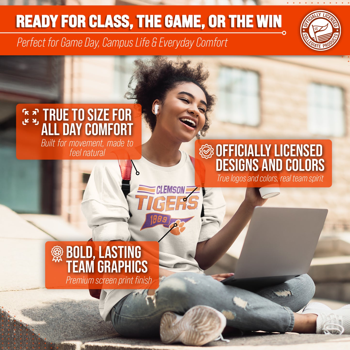 Clemson Tigers NCAA Adult Unisex Varsity Club Pennant Crewneck Fleece Sweatshirt - Off White