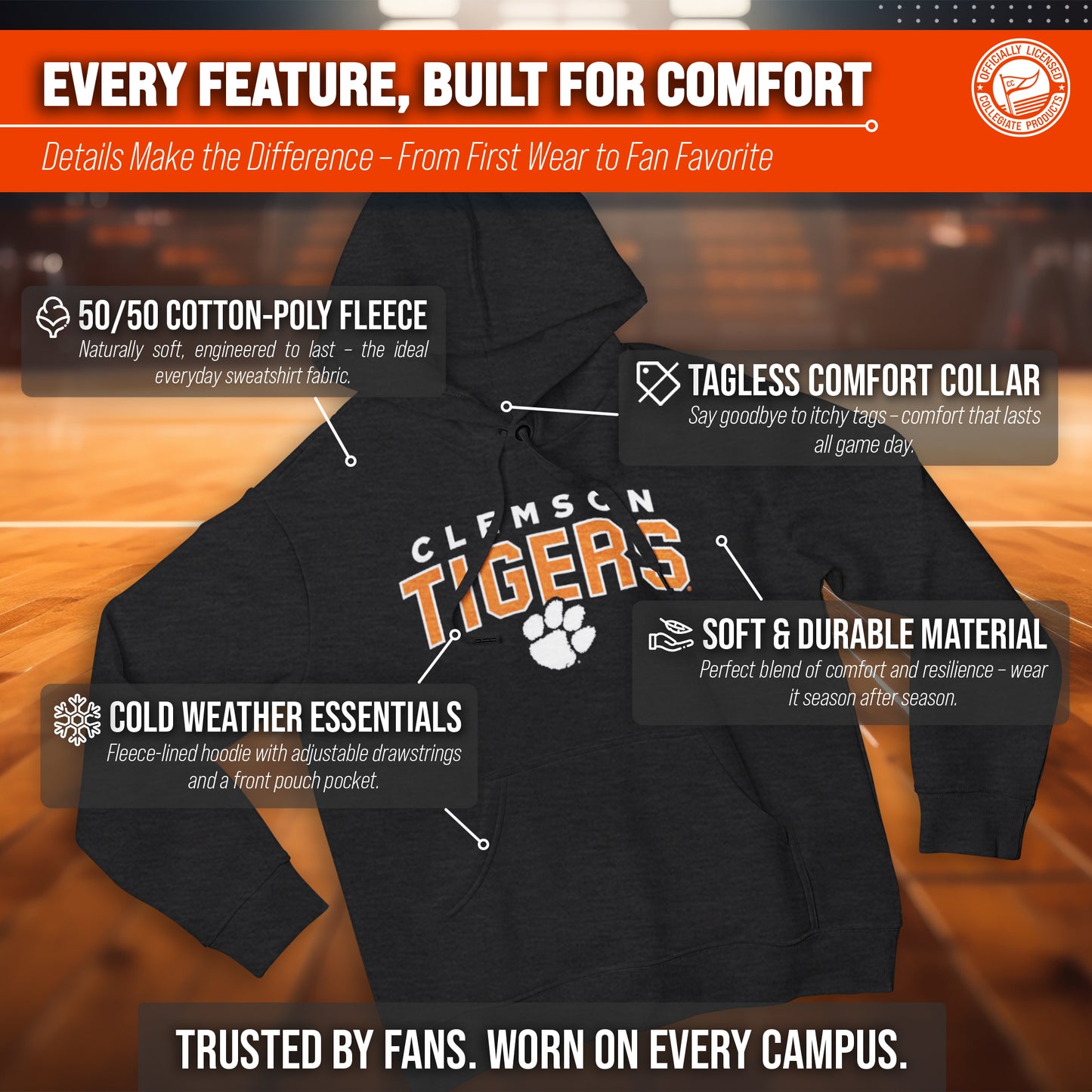 Clemson Tigers NCAA Adult Unisex Starting Fresh Heathered Hooded Fleece Sweatshirt - Black Heather