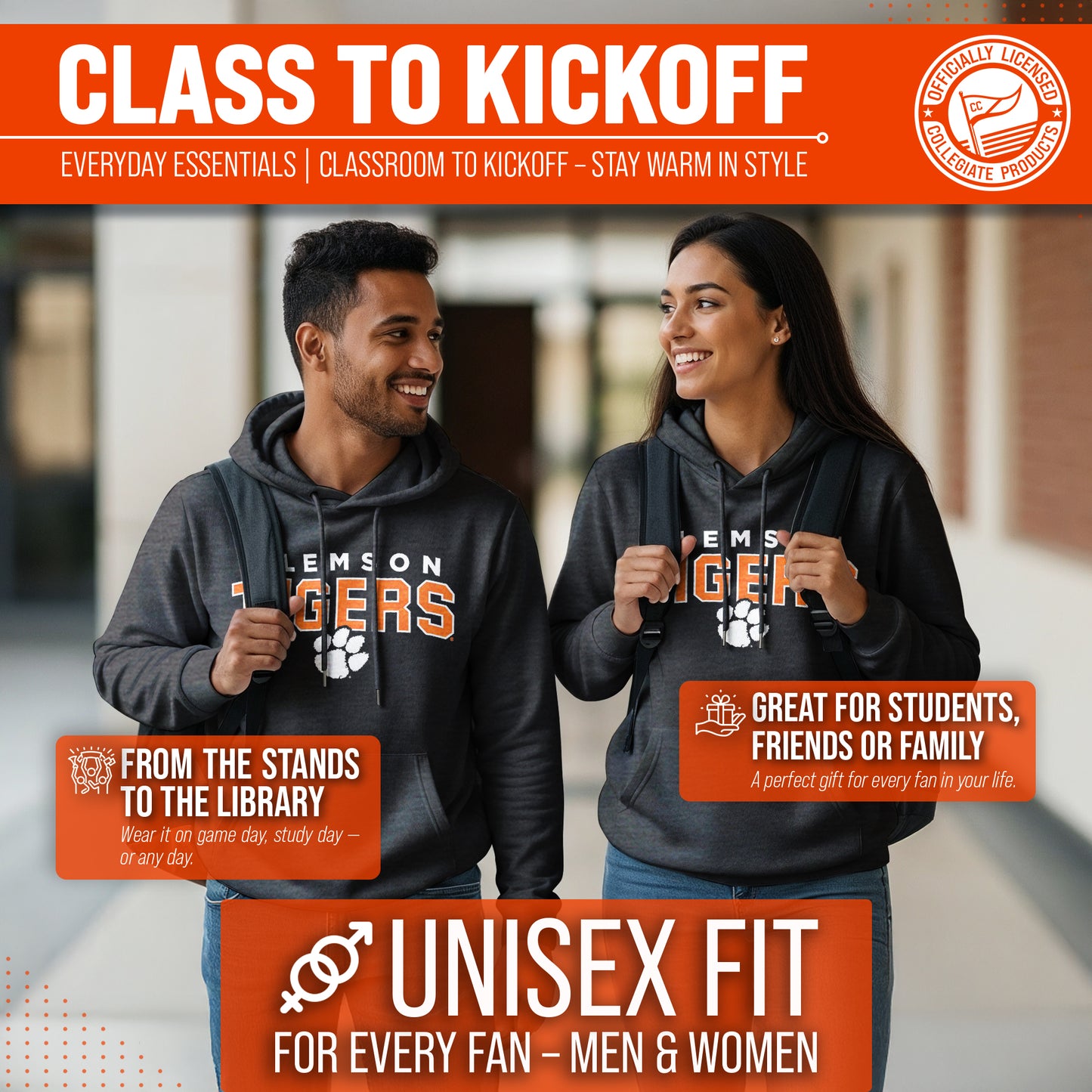 Clemson Tigers NCAA Adult Unisex Starting Fresh Heathered Hooded Fleece Sweatshirt - Black Heather