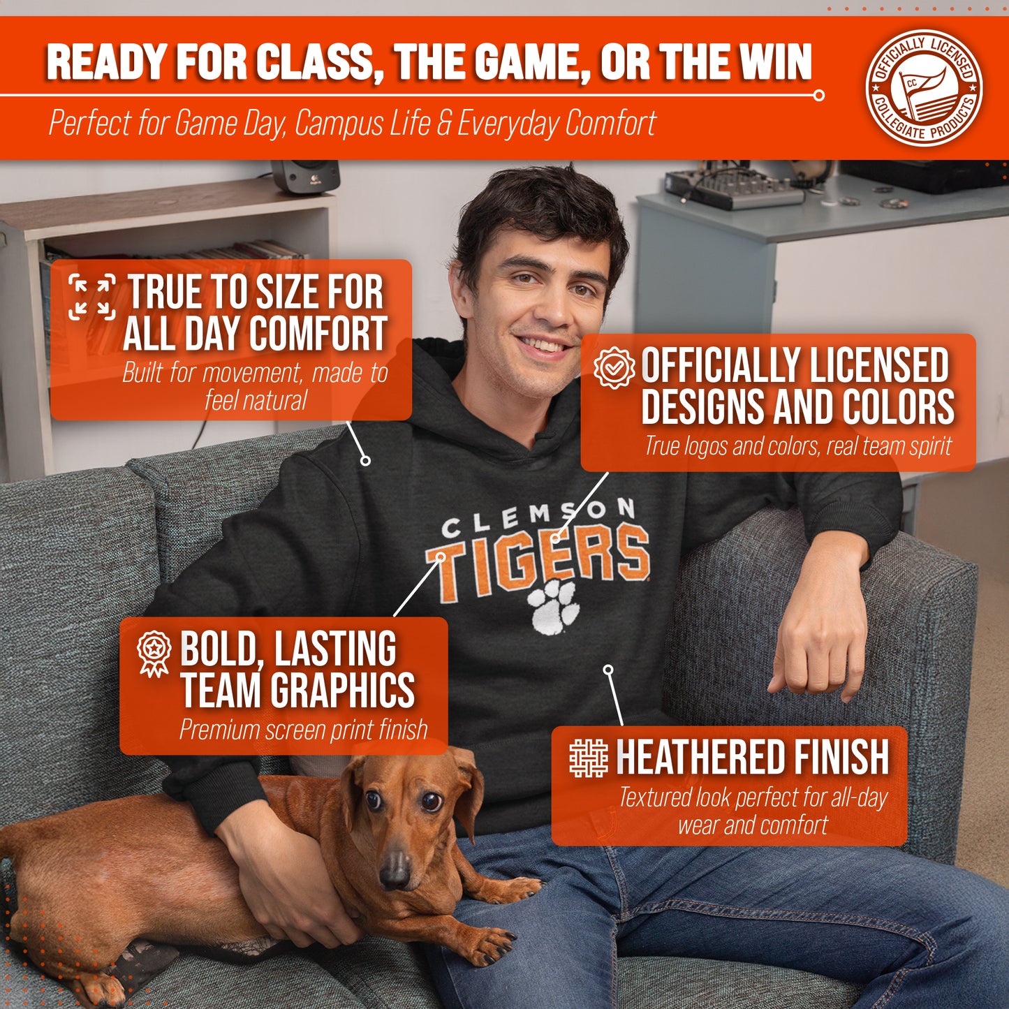 Clemson Tigers NCAA Adult Unisex Starting Fresh Heathered Hooded Fleece Sweatshirt - Black Heather