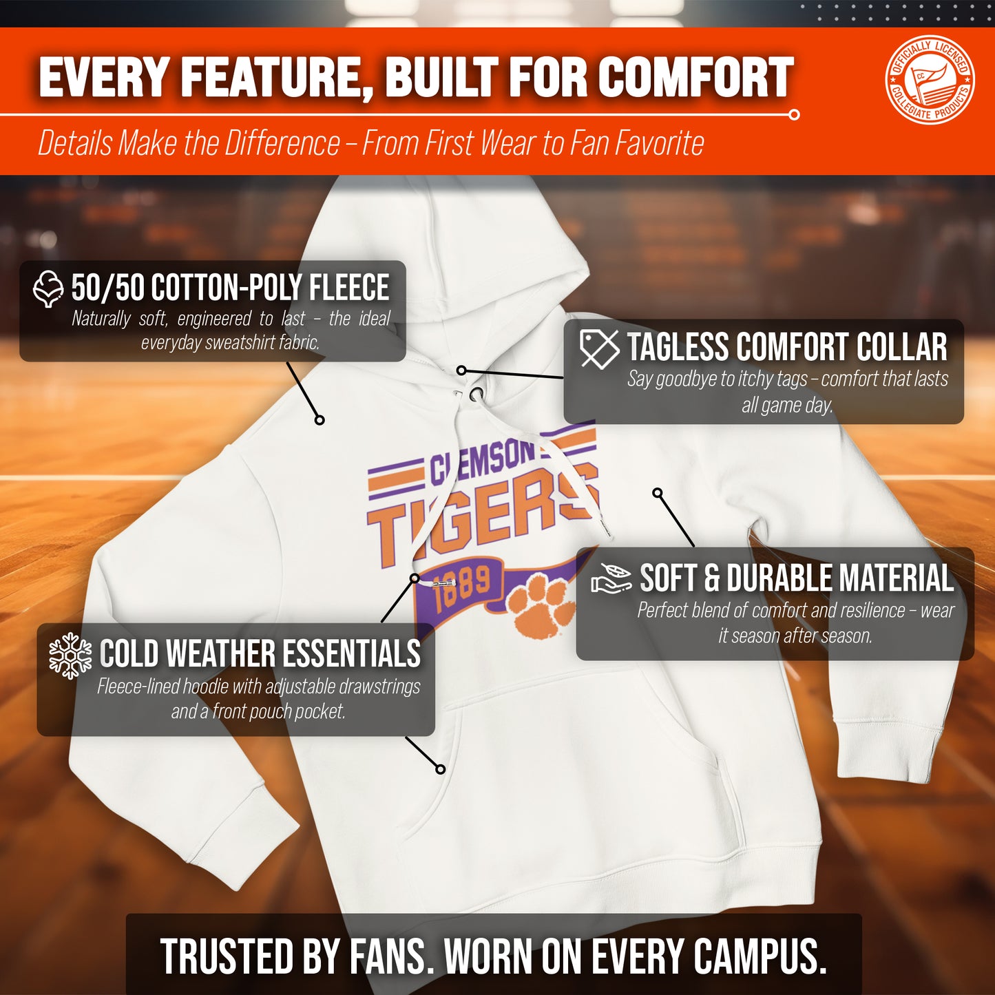 Clemson Tigers NCAA Adult Unisex Varsity Club Pennant Hooded Fleece Sweatshirt - Off White