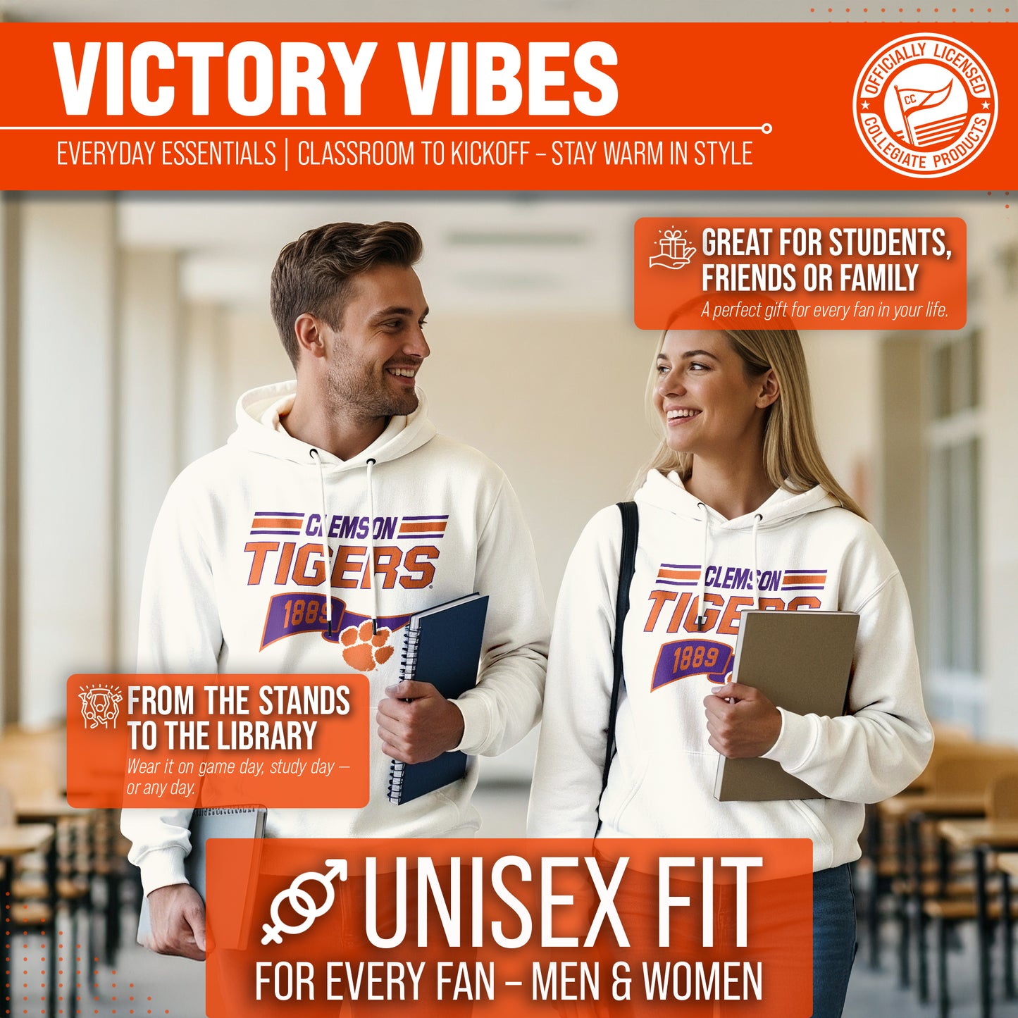 Clemson Tigers NCAA Adult Unisex Varsity Club Pennant Hooded Fleece Sweatshirt - Off White