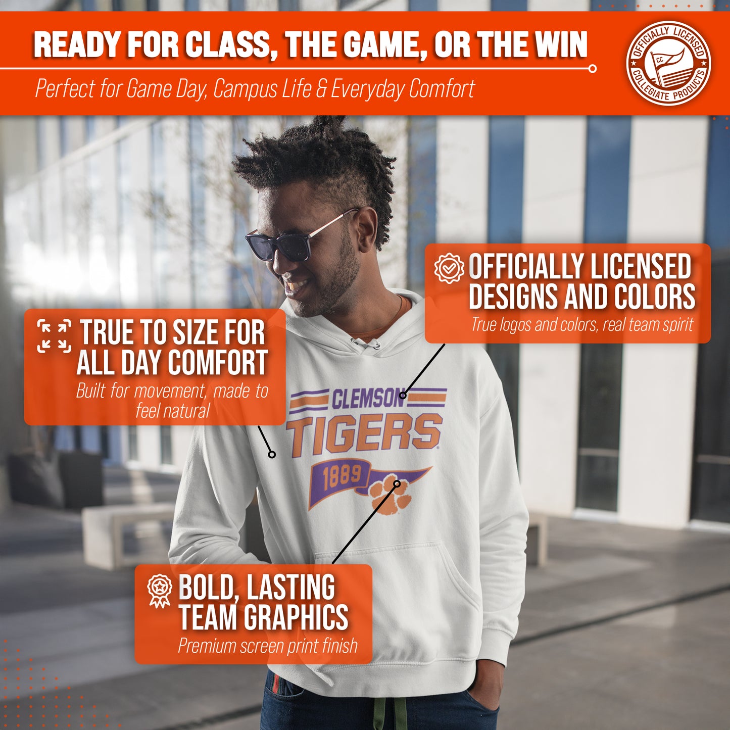 Clemson Tigers NCAA Adult Unisex Varsity Club Pennant Hooded Fleece Sweatshirt - Off White