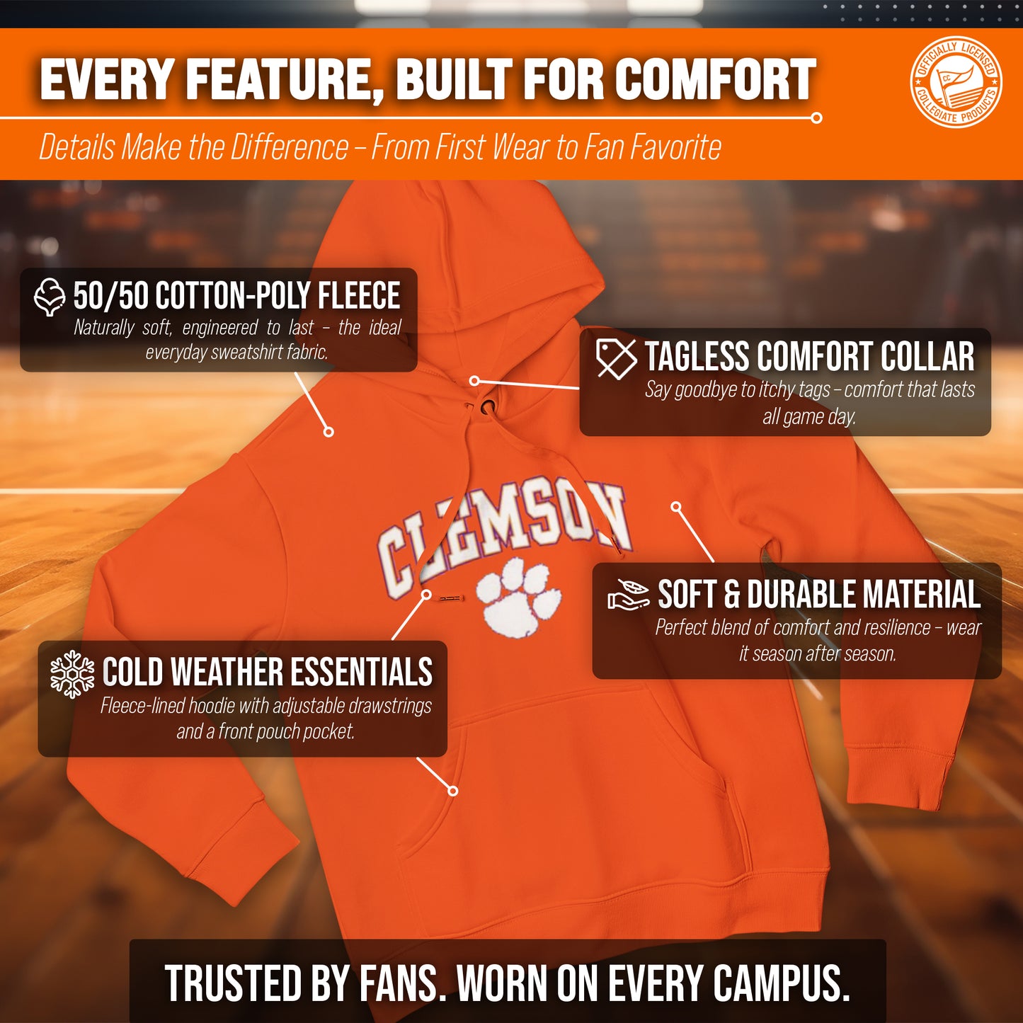 Clemson Tigers Adult Arch & Logo Soft Style Gameday Hooded Sweatshirt - Orange
