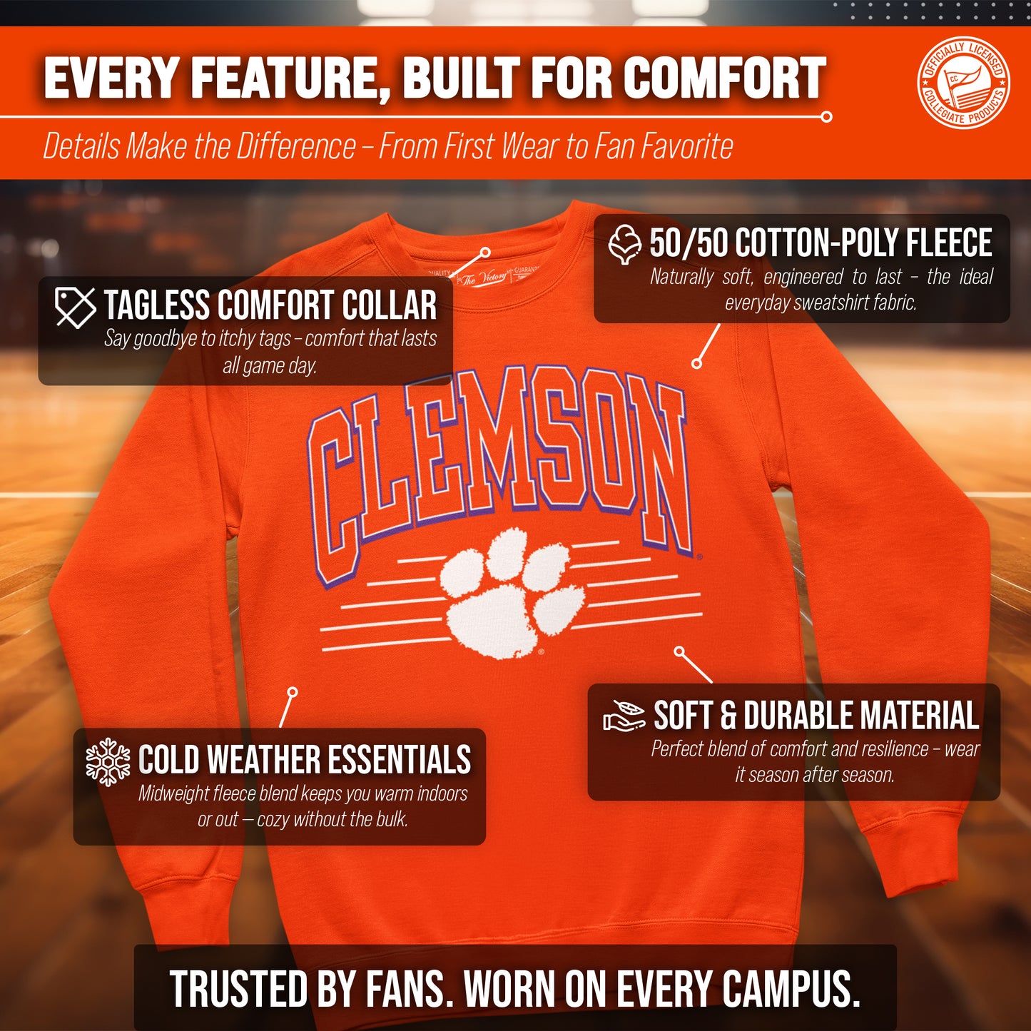 Clemson Tigers NCAA Adult Unisex Overtime Classics Crewneck Fleece Sweatshirt - Orange
