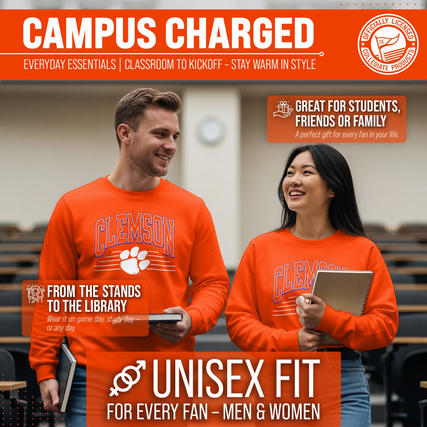 Clemson Tigers NCAA Adult Unisex Overtime Classics Crewneck Fleece Sweatshirt - Orange