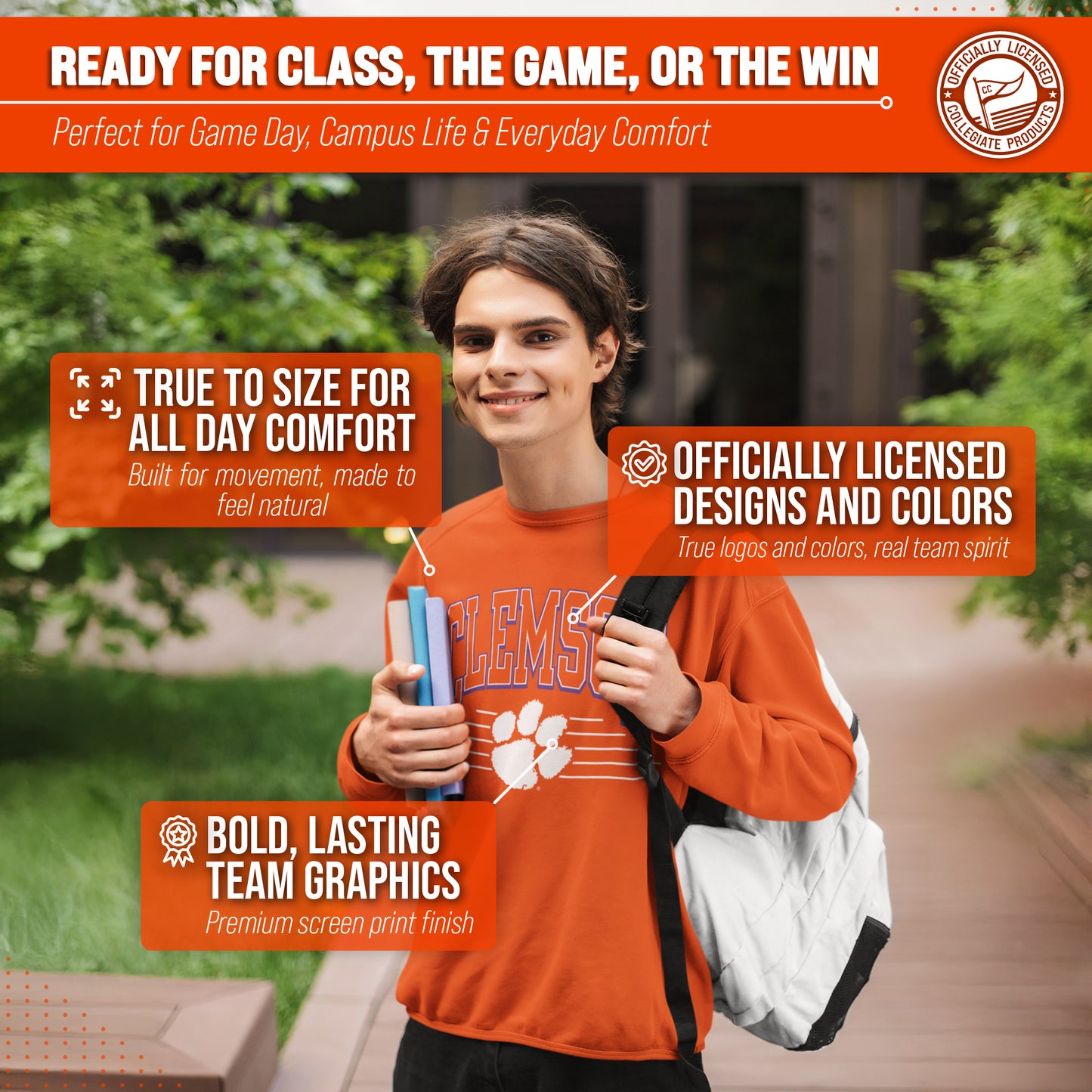 Clemson Tigers NCAA Adult Unisex Overtime Classics Crewneck Fleece Sweatshirt - Orange