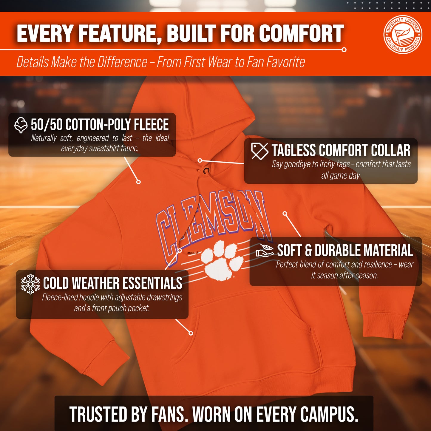 Clemson Tigers NCAA Adult Unisex Overtime Classics Hooded Fleece Sweatshirt - Orange