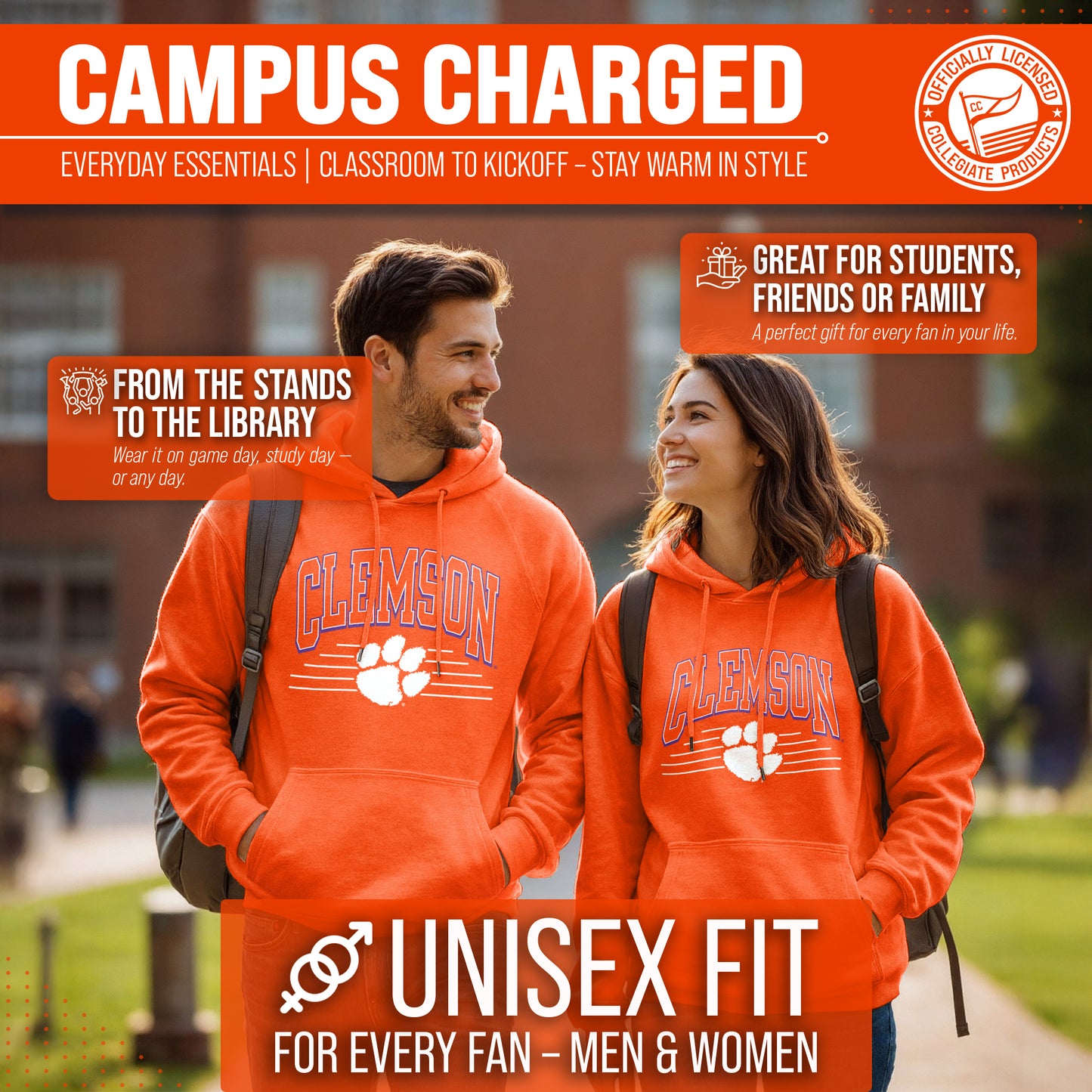 Clemson Tigers NCAA Adult Unisex Overtime Classics Hooded Fleece Sweatshirt - Orange