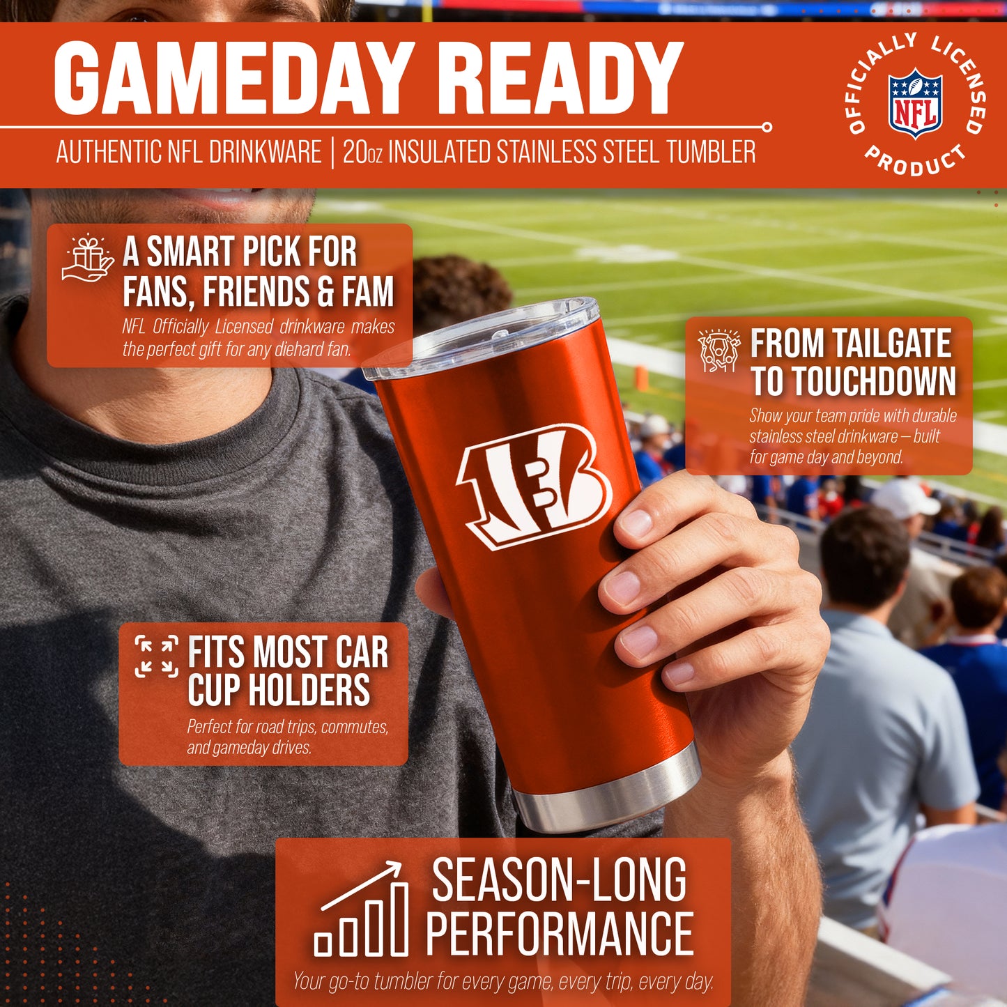 Cincinnati Bengals NFL 20oz Gameday Stainless Steel Tumbler - Orange