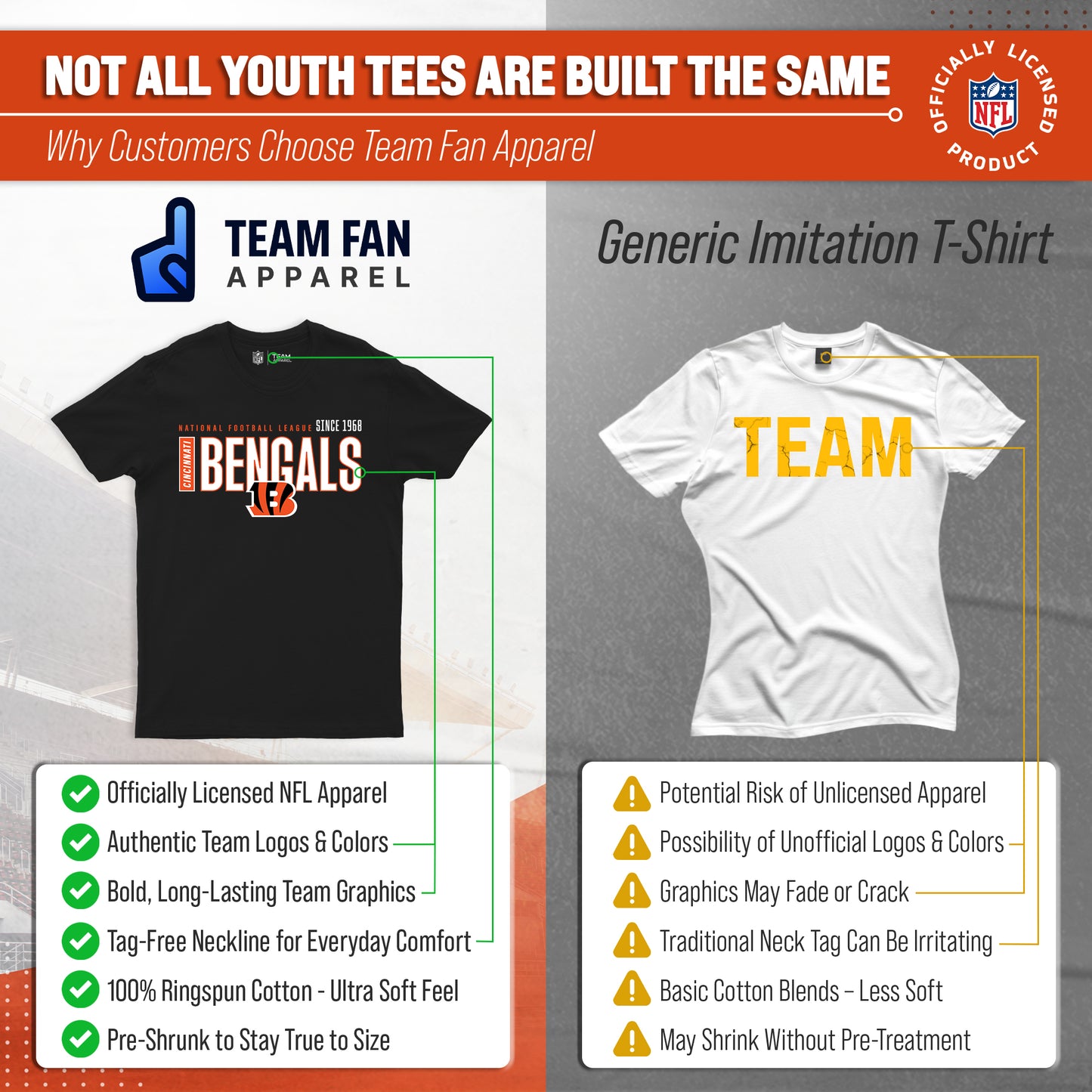 Cincinnati Bengals NFL Youth Modern Endzone Football T-Shirt Unisex Tag Free Comfortable - Black