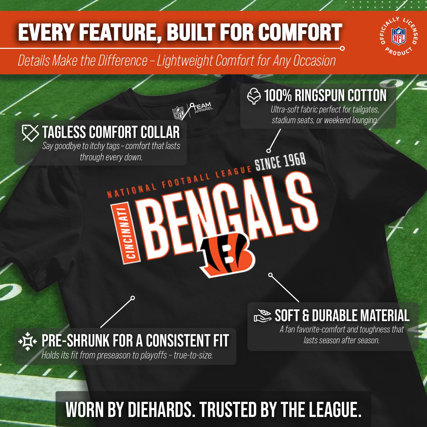 Cincinnati Bengals NFL Youth Modern Endzone Football T-Shirt Unisex Tag Free Comfortable - Black