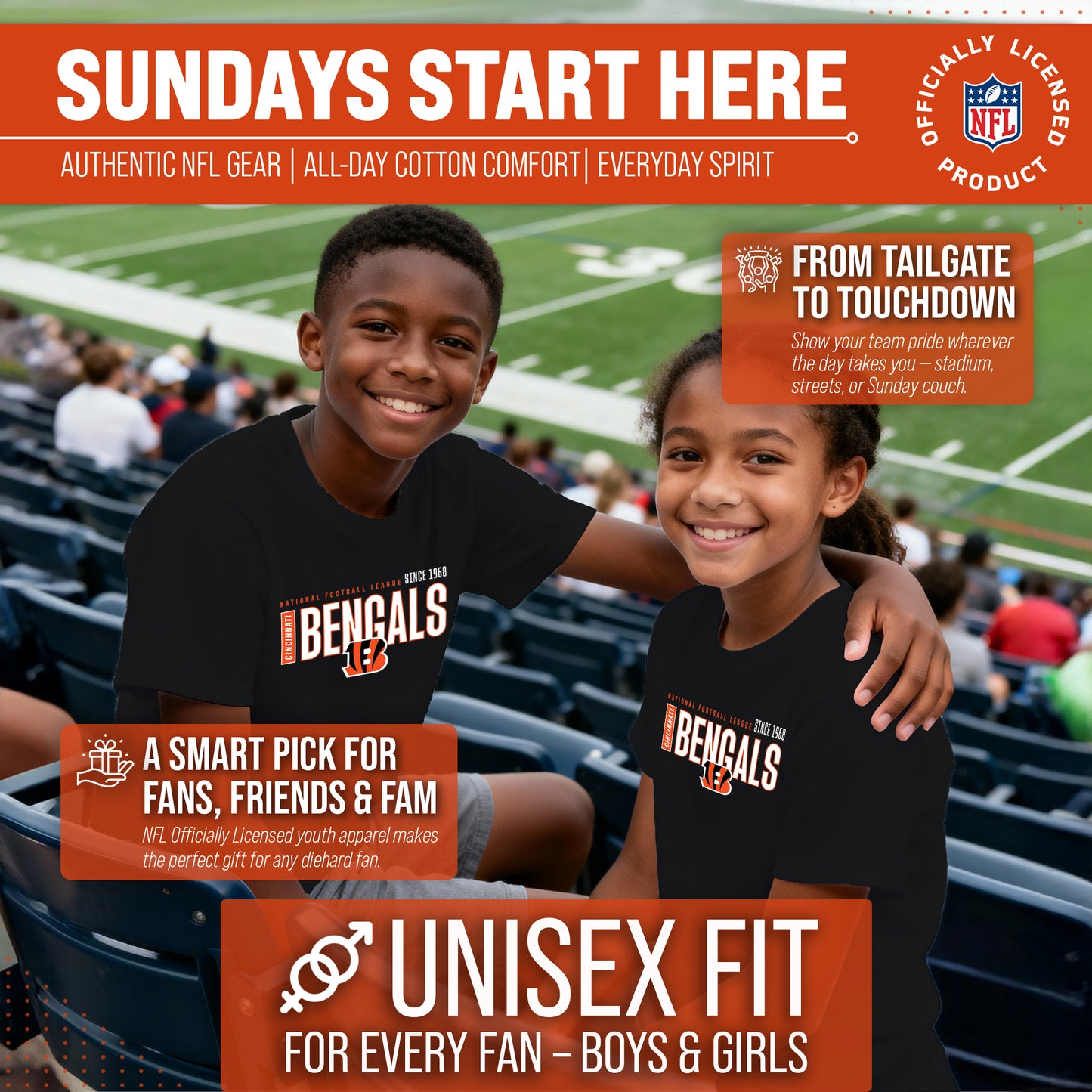 Cincinnati Bengals NFL Youth Modern Endzone Football T-Shirt Unisex Tag Free Comfortable - Black