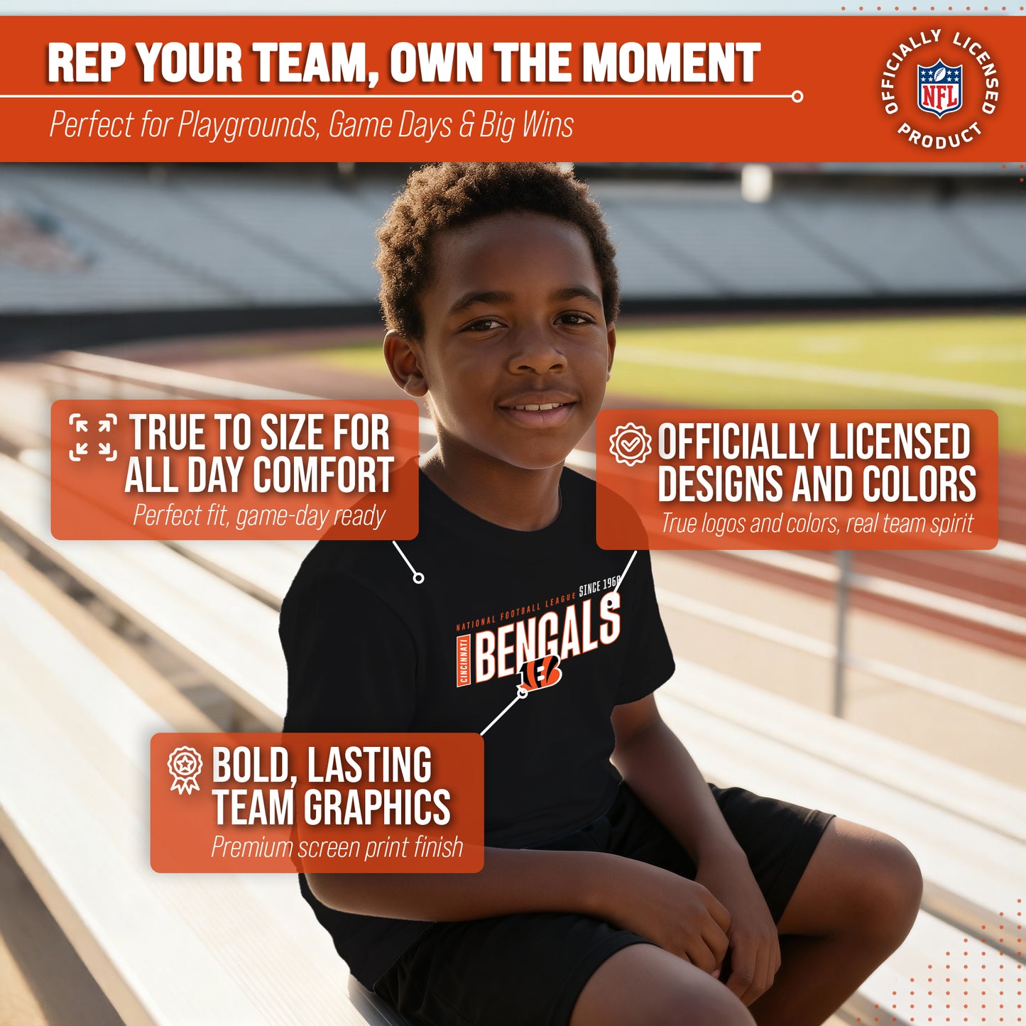 Cincinnati Bengals NFL Youth Modern Endzone Football T-Shirt Unisex Tag Free Comfortable - Black