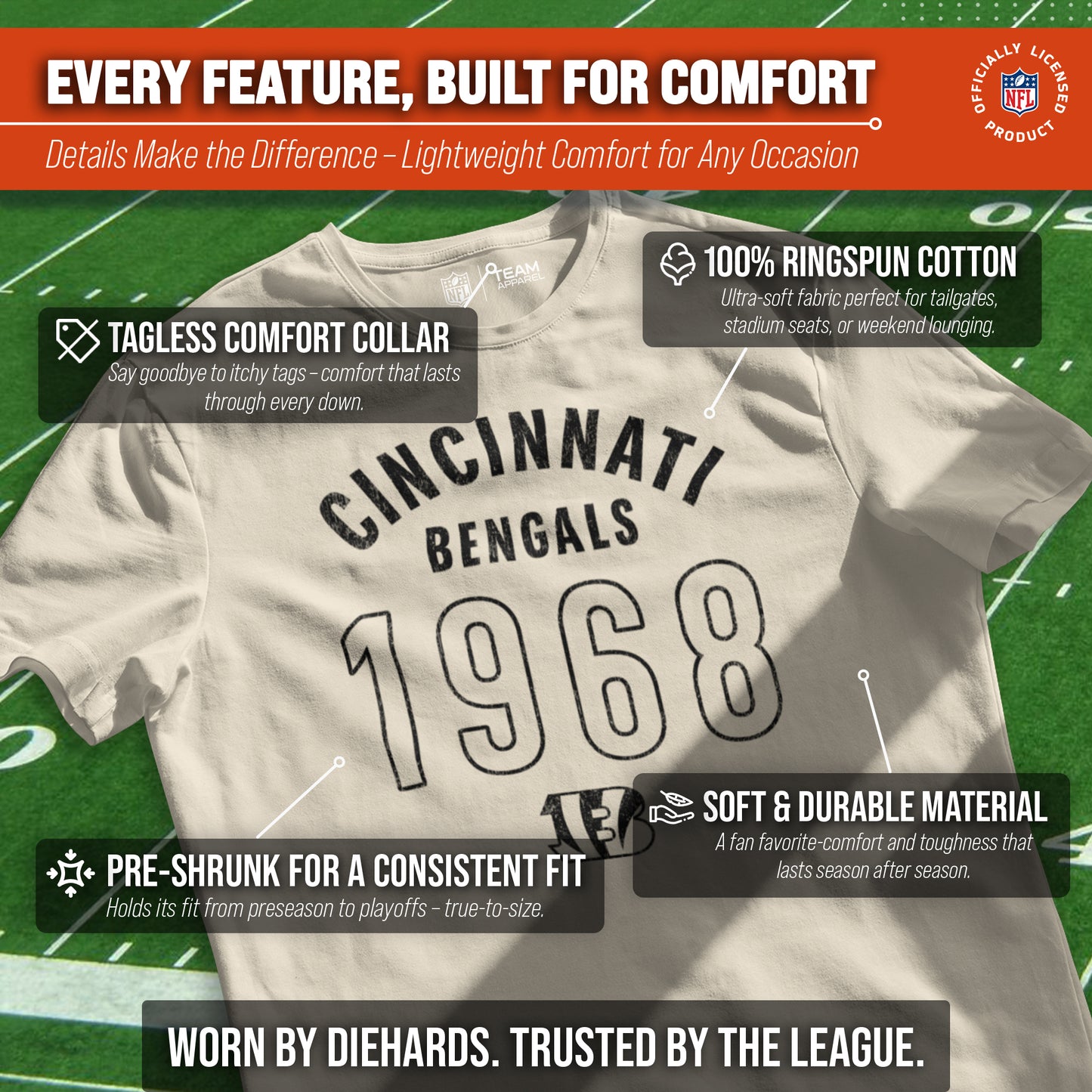 Cincinnati Bengals NFL Adult Big Date Tag-Less T-Shirt - Natural