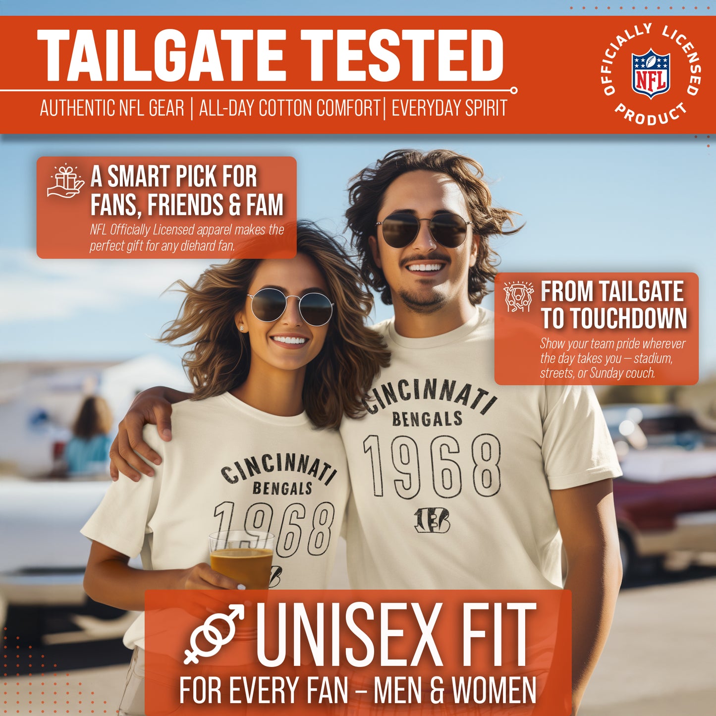 Cincinnati Bengals NFL Adult Big Date Tag-Less T-Shirt - Natural