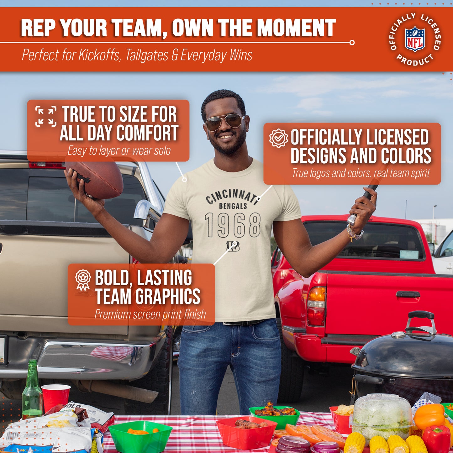 Cincinnati Bengals NFL Adult Big Date Tag-Less T-Shirt - Natural