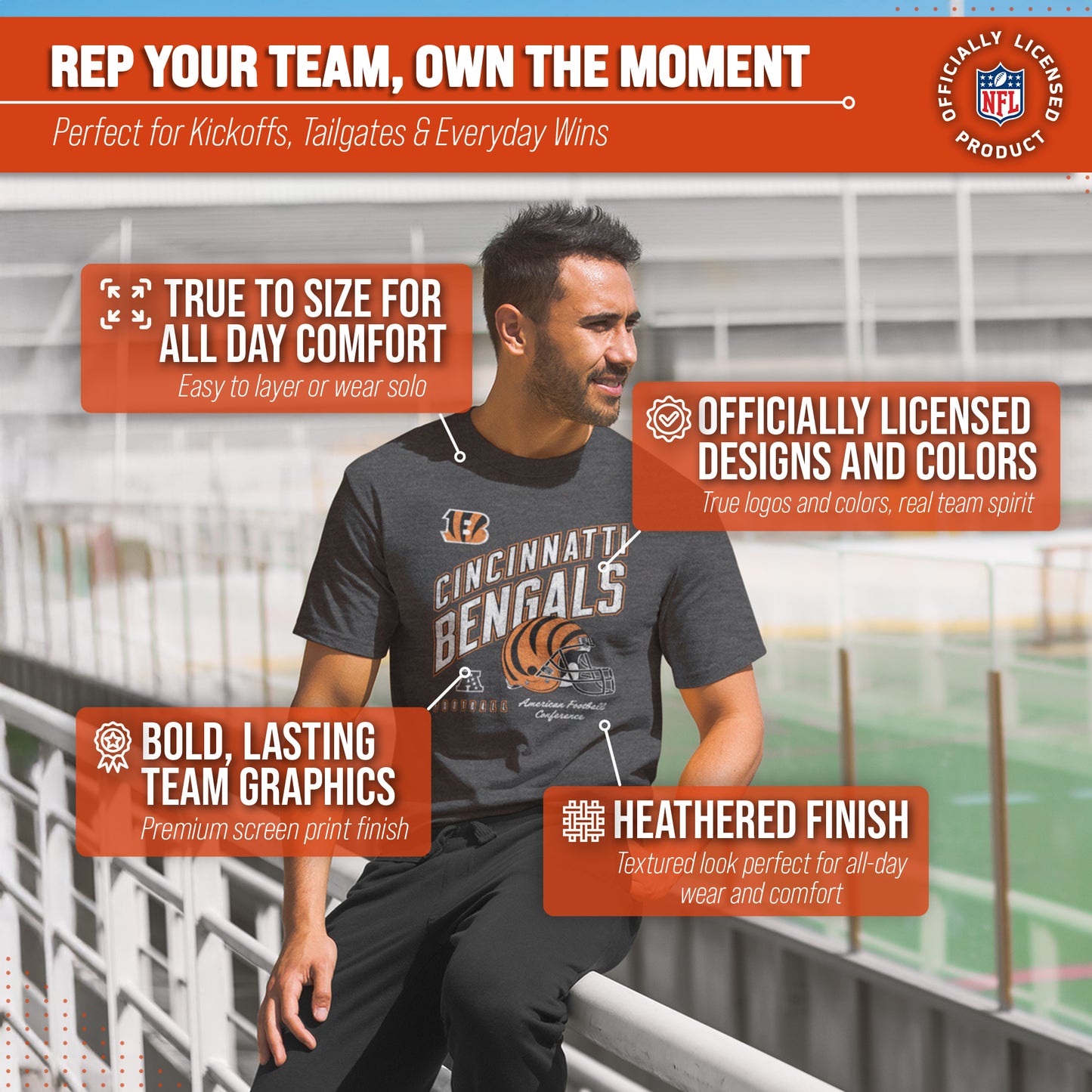 Cincinnati Bengals NFL Adult Distressed Helmet Tag-Less T-Shirt - Heather Charcoal