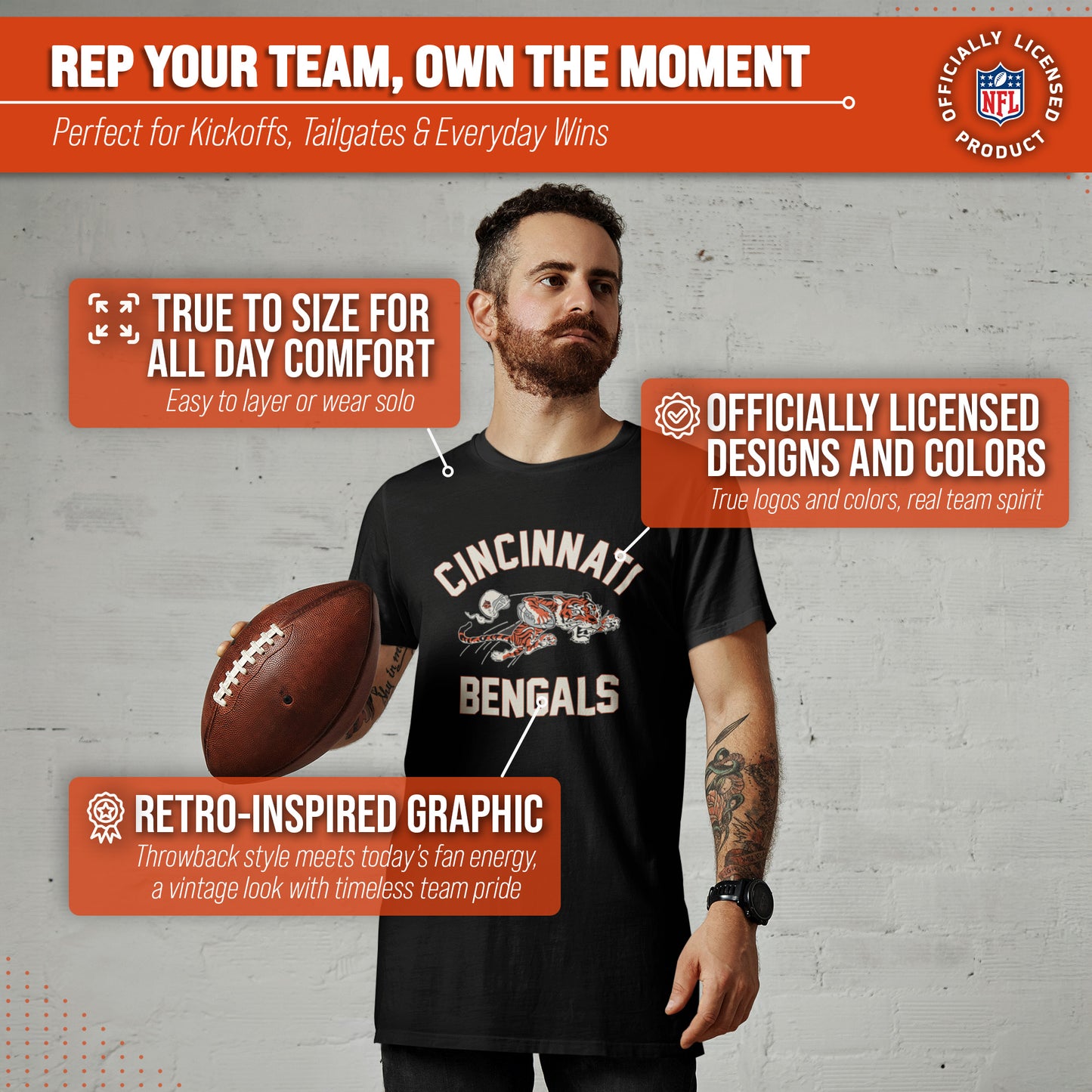 Cincinnati Bengals NFL Adult Retro Gameday Unisex T-Shirt - Black