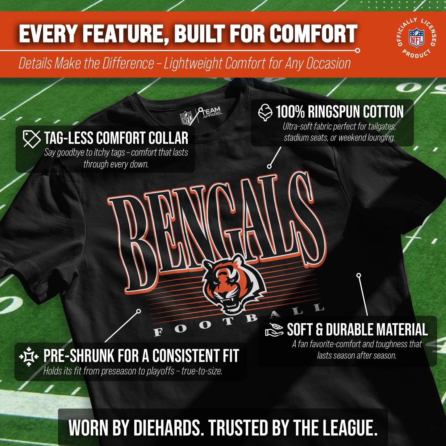 Cincinnati Bengals NFL Adult Overtime Blueprint Tag-Less T-Shirt - Black