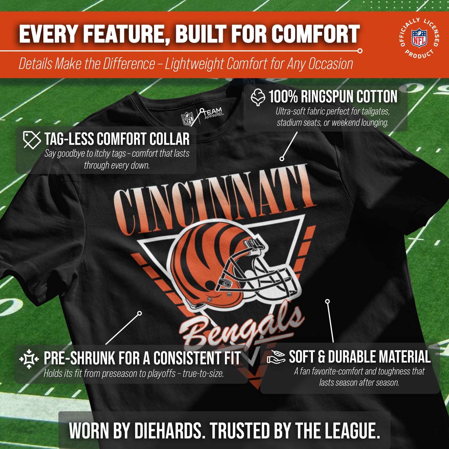 Cincinnati Bengals NFL Adult Retro Triangle Unisex T-Shirt - Black