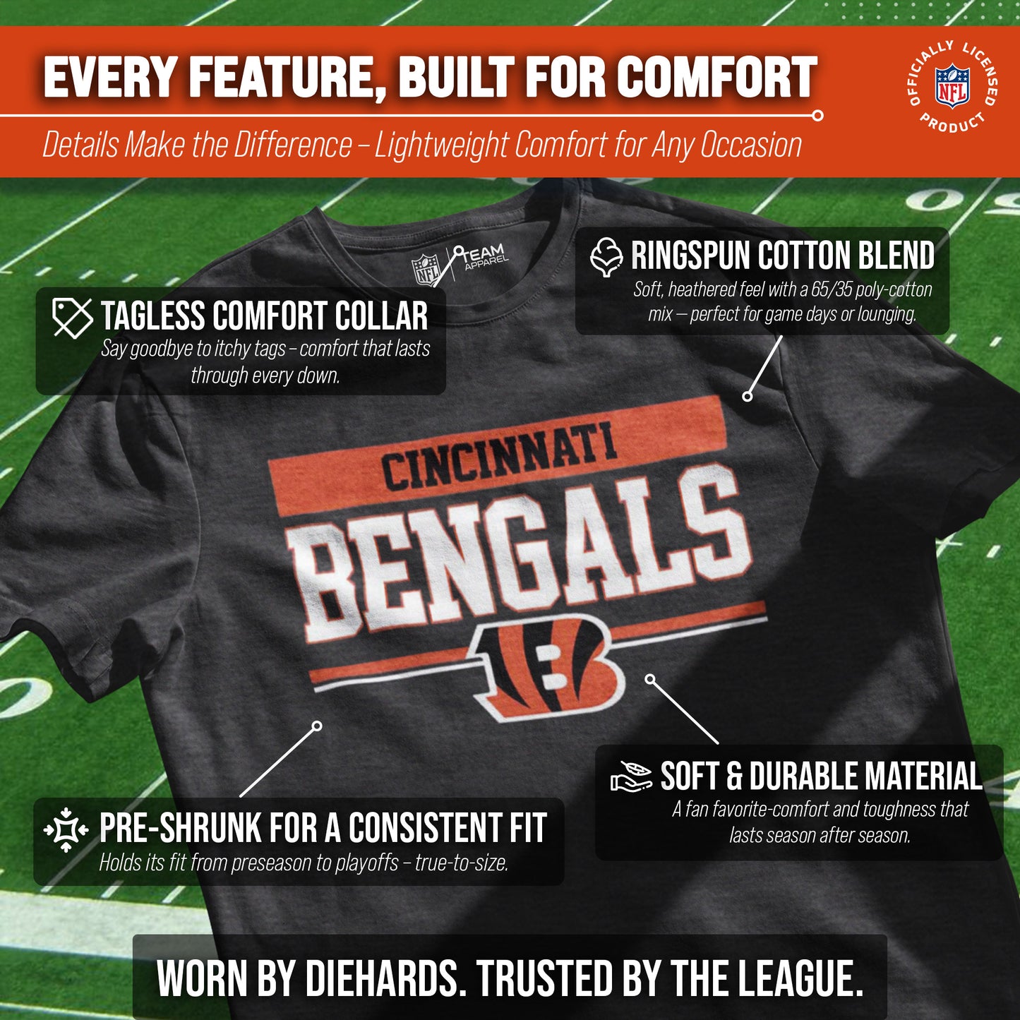 Cincinnati Bengals NFL Adult Team Block Tagless T-Shirt - Charcoal