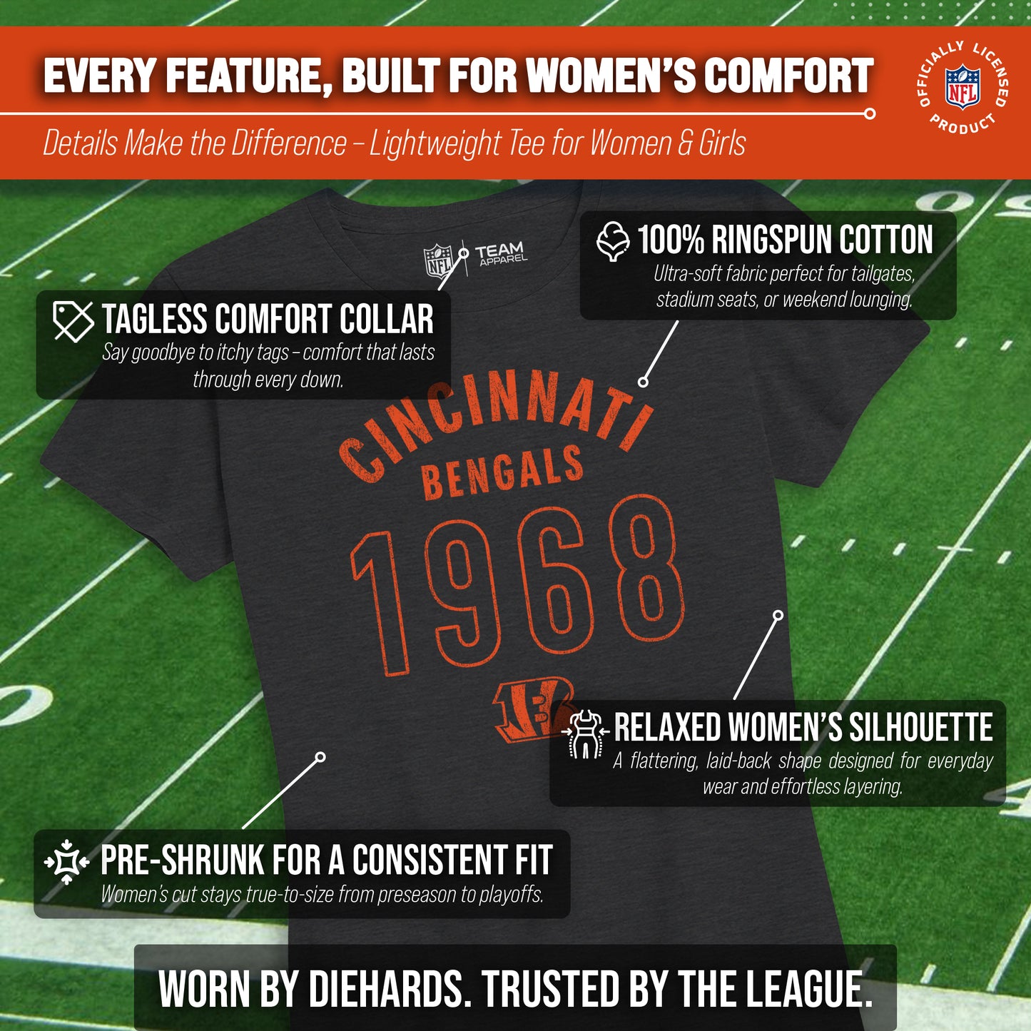Cincinnati Bengals NFL Womens Big Date Tag-Less T-Shirt - Black