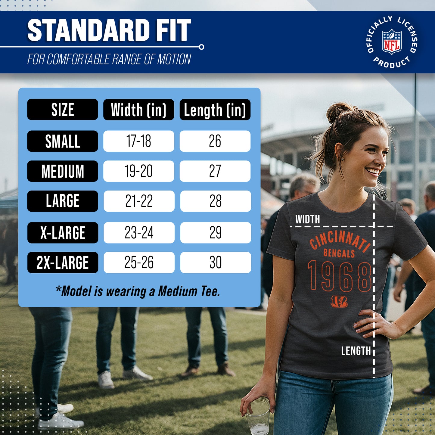 Cincinnati Bengals NFL Womens Big Date Tag-Less T-Shirt - Black