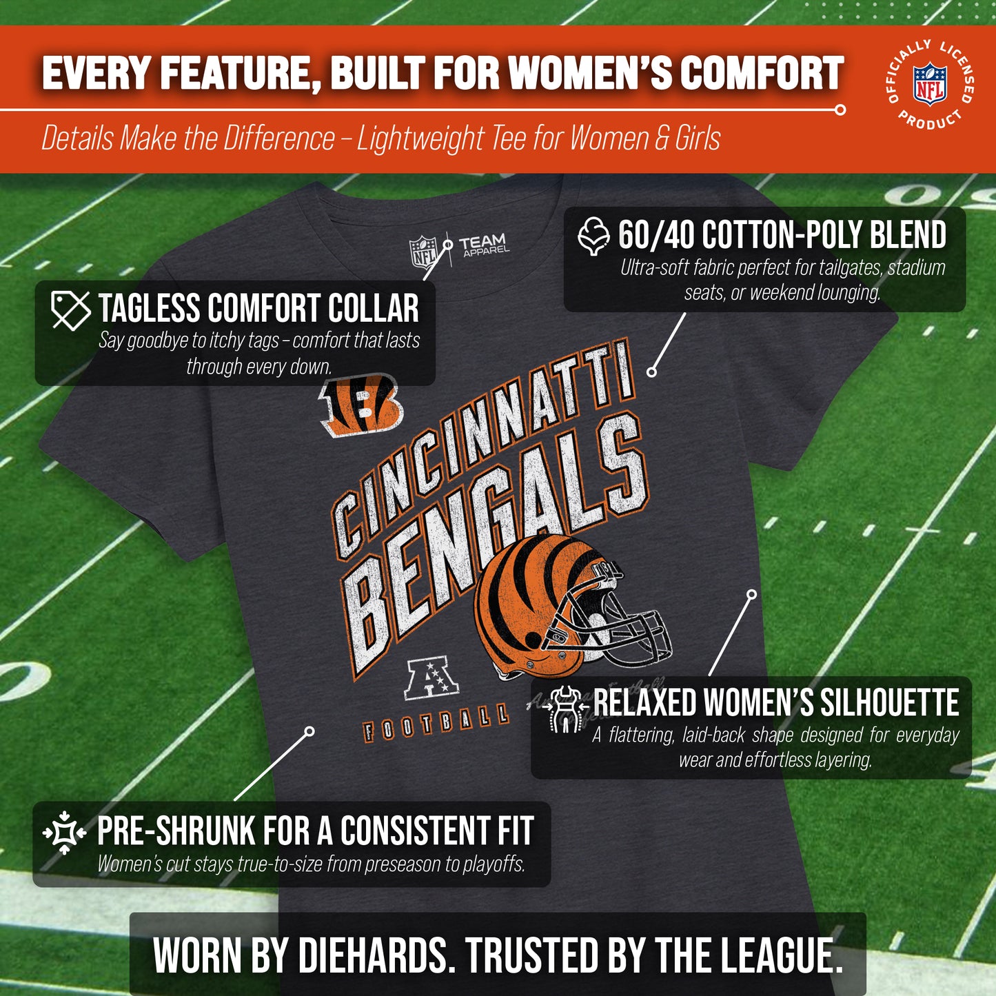 Cincinnati Bengals NFL Womens Distressed Helmet Tag-Less Soft T-Shirt - Heather Charcoal